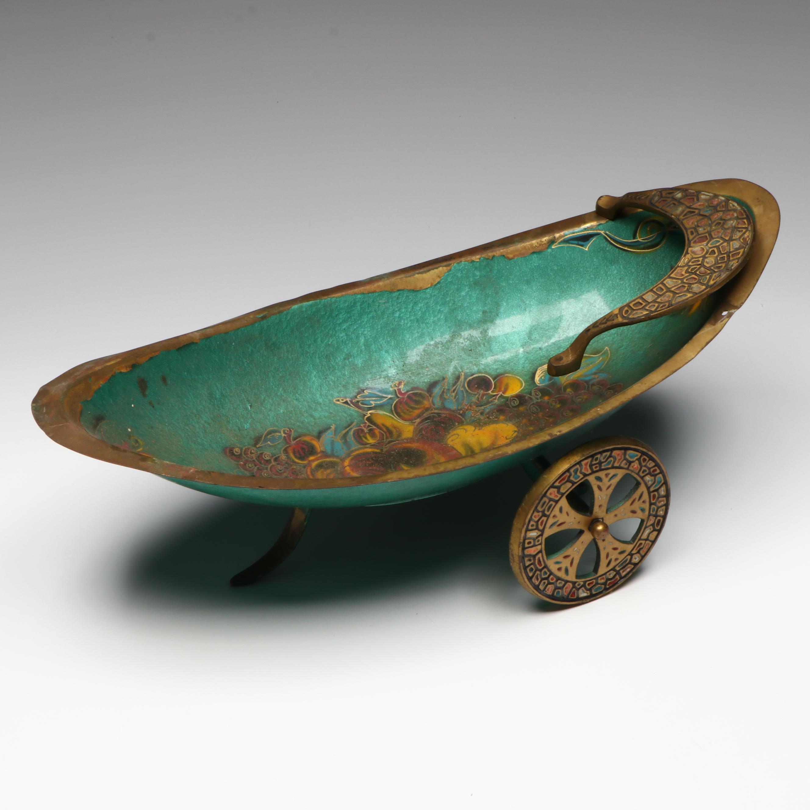 Colonial Tavern Scene Brass Wall Plaque with Israeli Metal Fruit Bowl