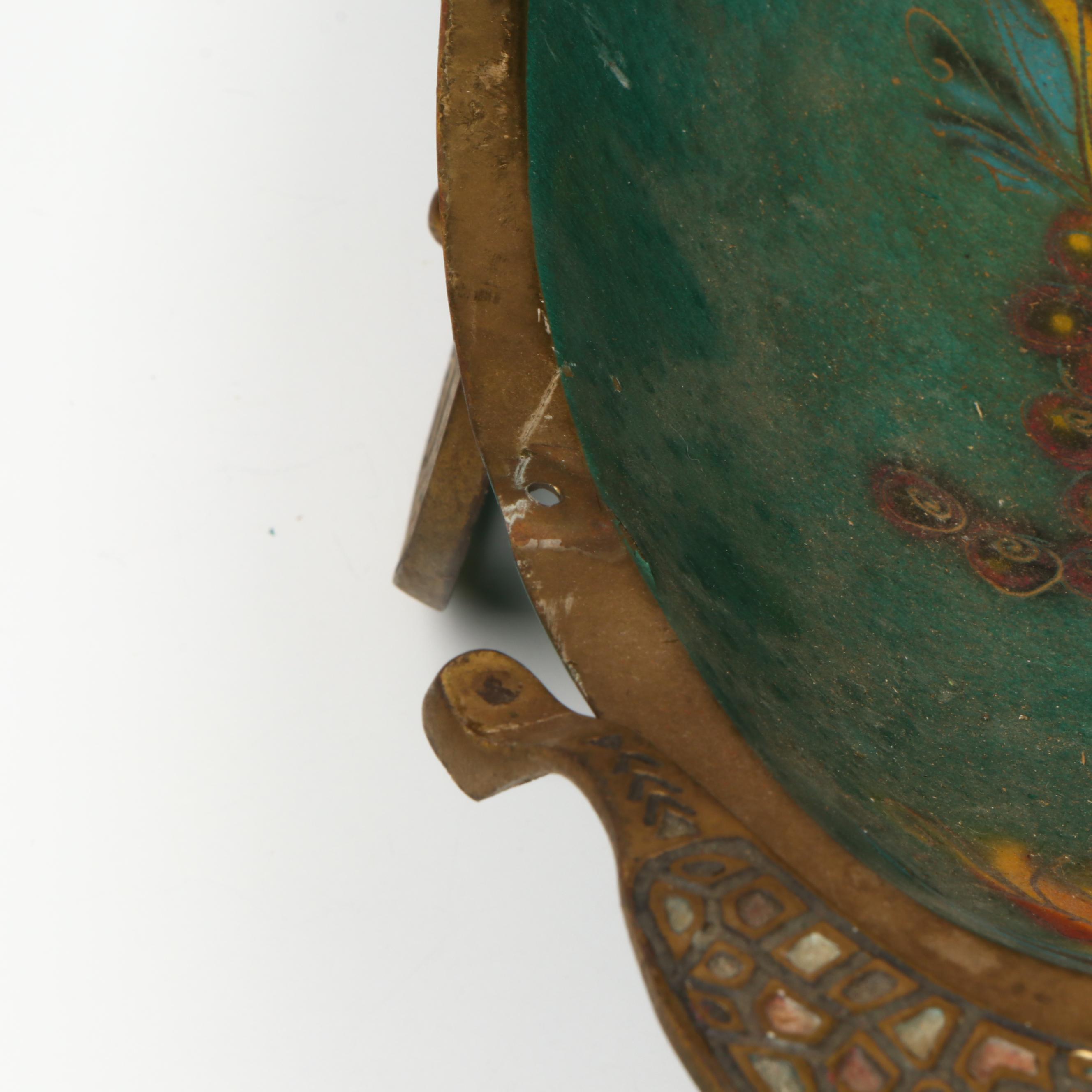 Colonial Tavern Scene Brass Wall Plaque with Israeli Metal Fruit Bowl