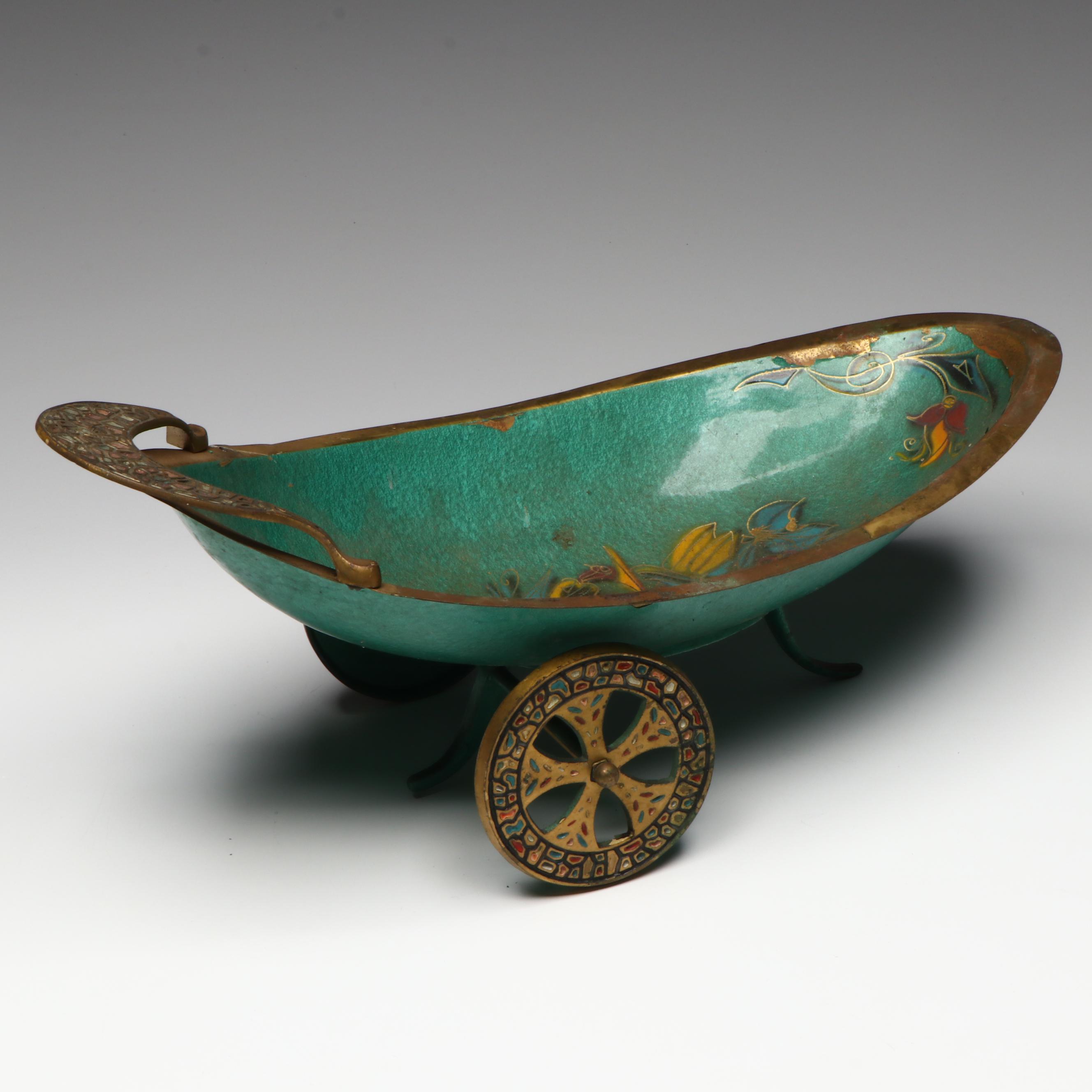 Colonial Tavern Scene Brass Wall Plaque with Israeli Metal Fruit Bowl