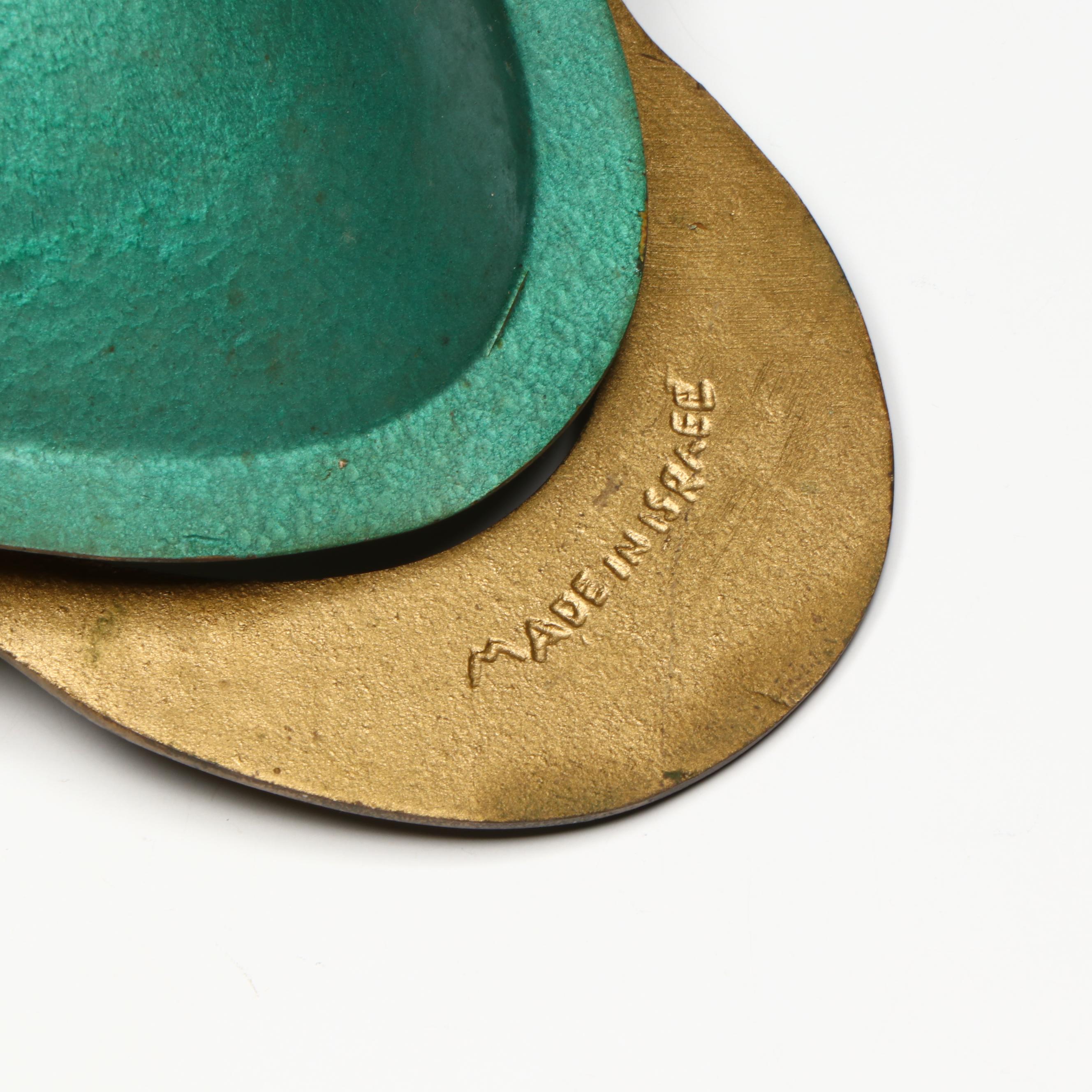 Colonial Tavern Scene Brass Wall Plaque with Israeli Metal Fruit Bowl