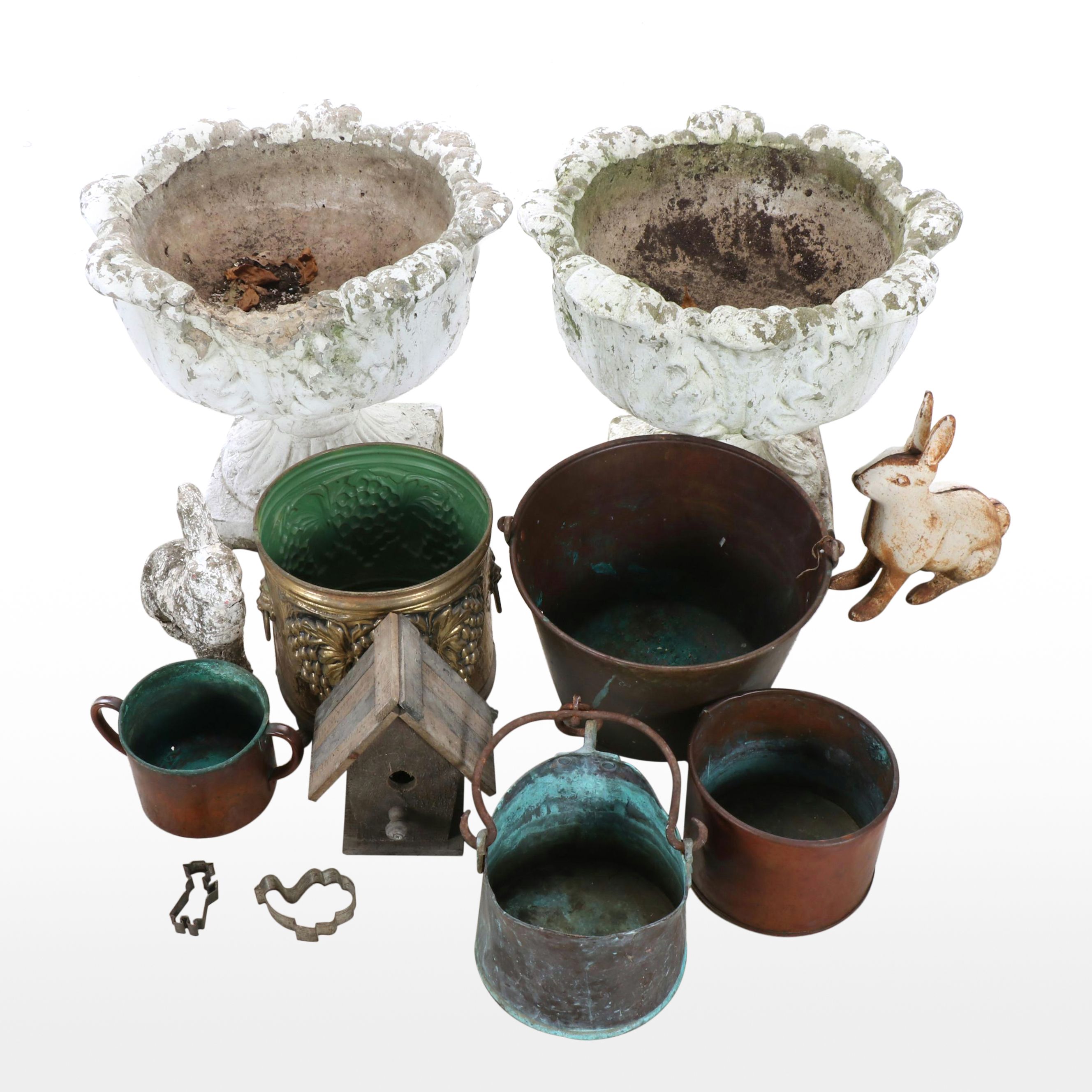 Concrete Pedestal Planters with Buckets and Other Outdoor Décor