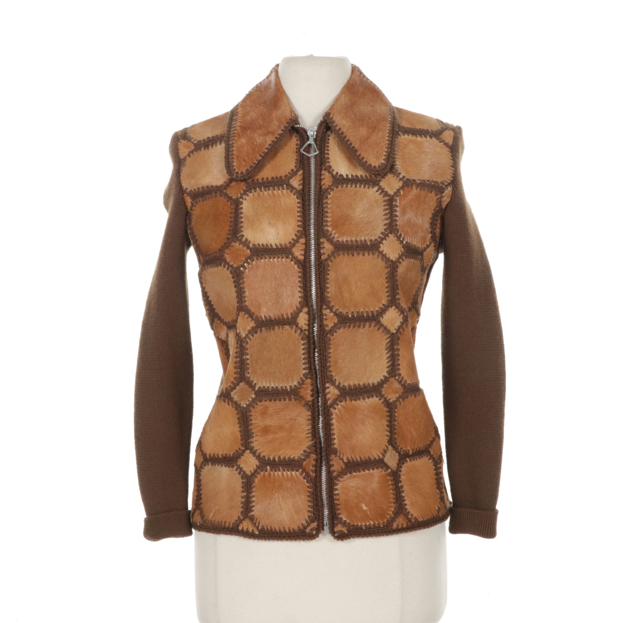 Enrico Cappucci Italian Patchwork Cowhide and Wool Zip Cardigan