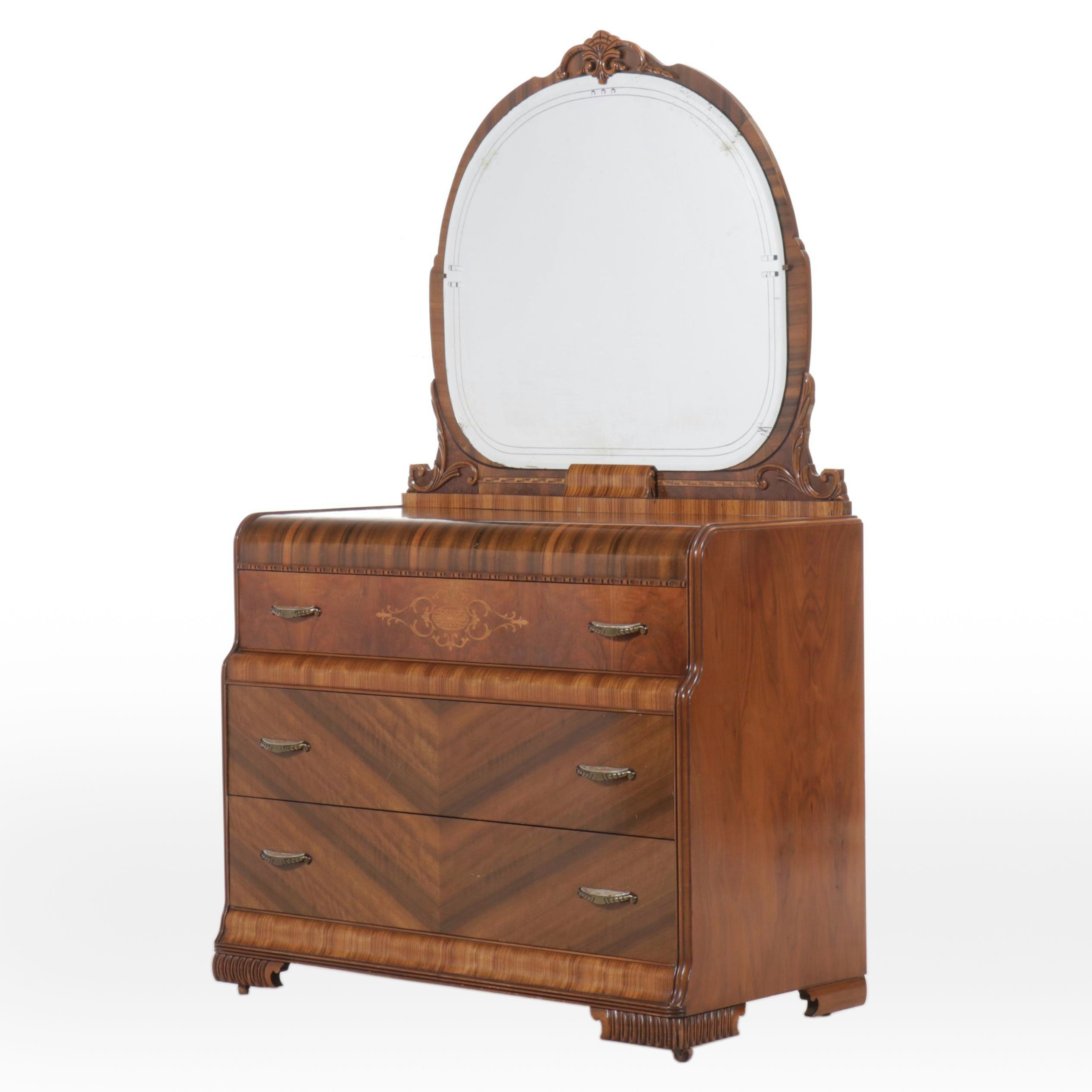 Antique Art Deco Waterfall Walnut Dresser