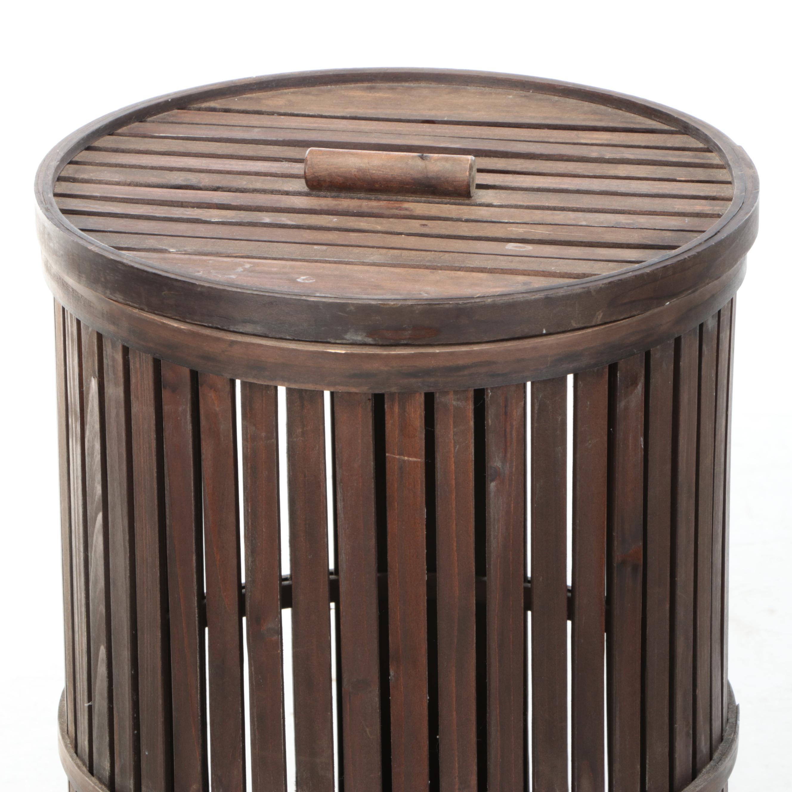 Slatwood Covered Hamper with Wicker Basket and Carved Wooden Stool