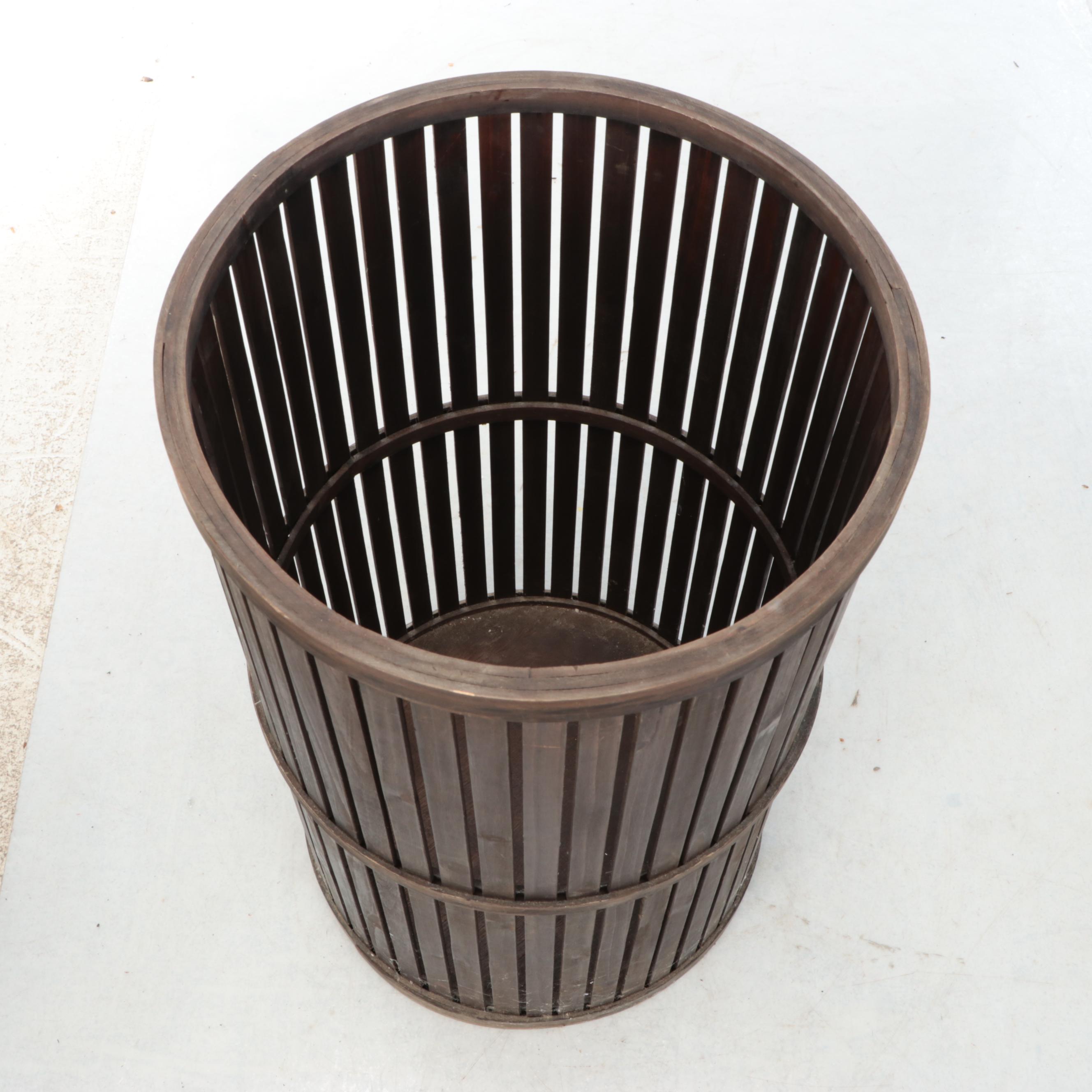 Slatwood Covered Hamper with Wicker Basket and Carved Wooden Stool