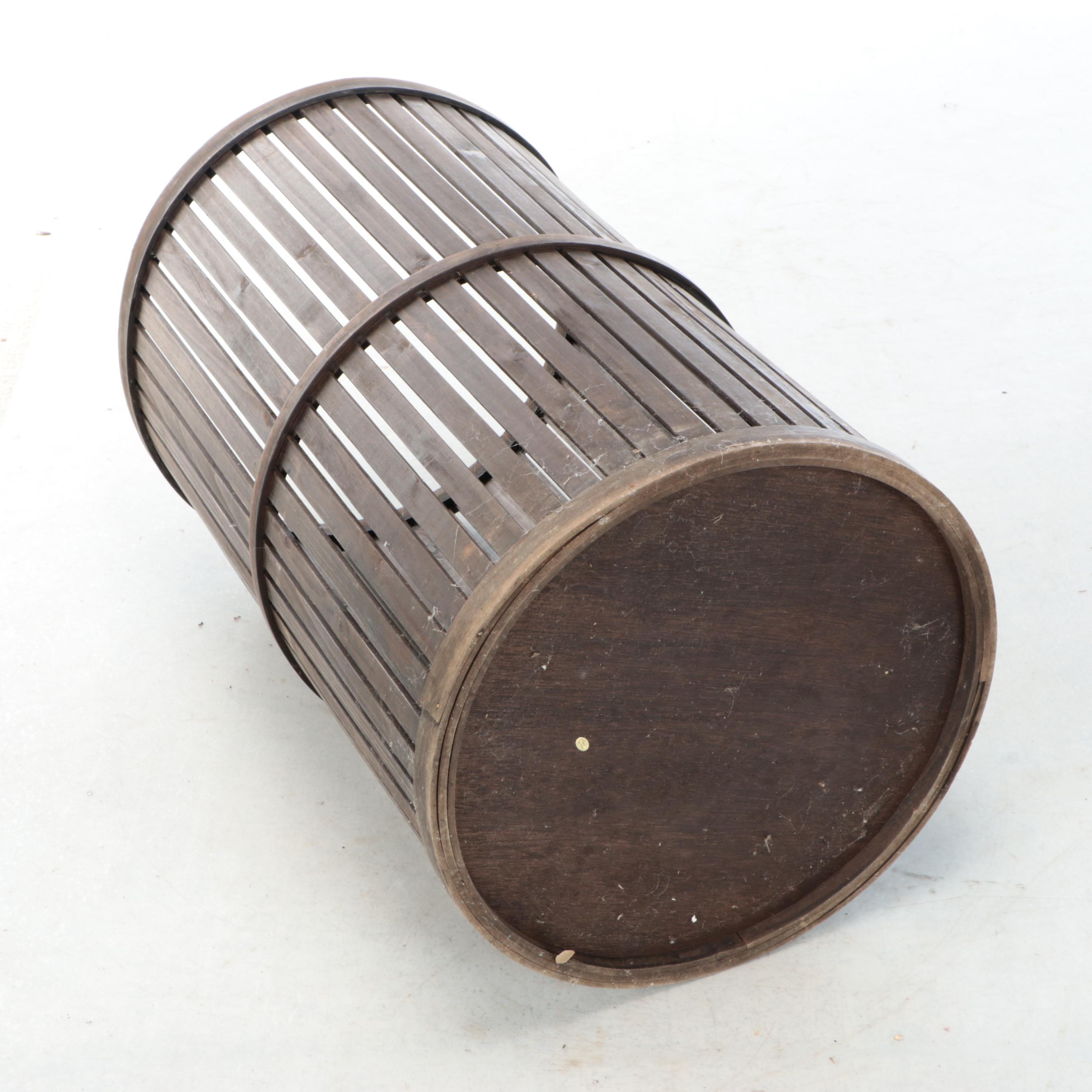 Slatwood Covered Hamper with Wicker Basket and Carved Wooden Stool