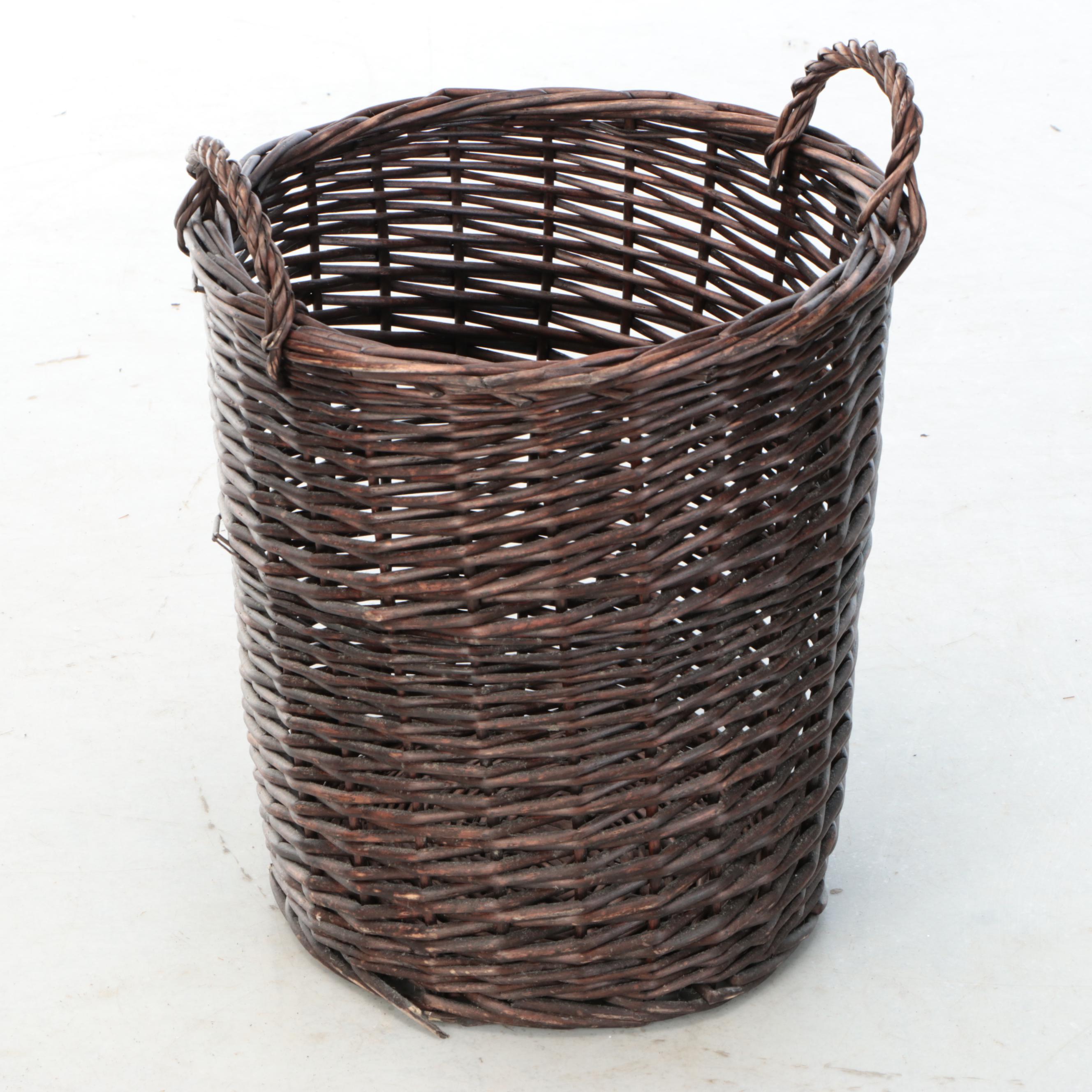 Slatwood Covered Hamper with Wicker Basket and Carved Wooden Stool