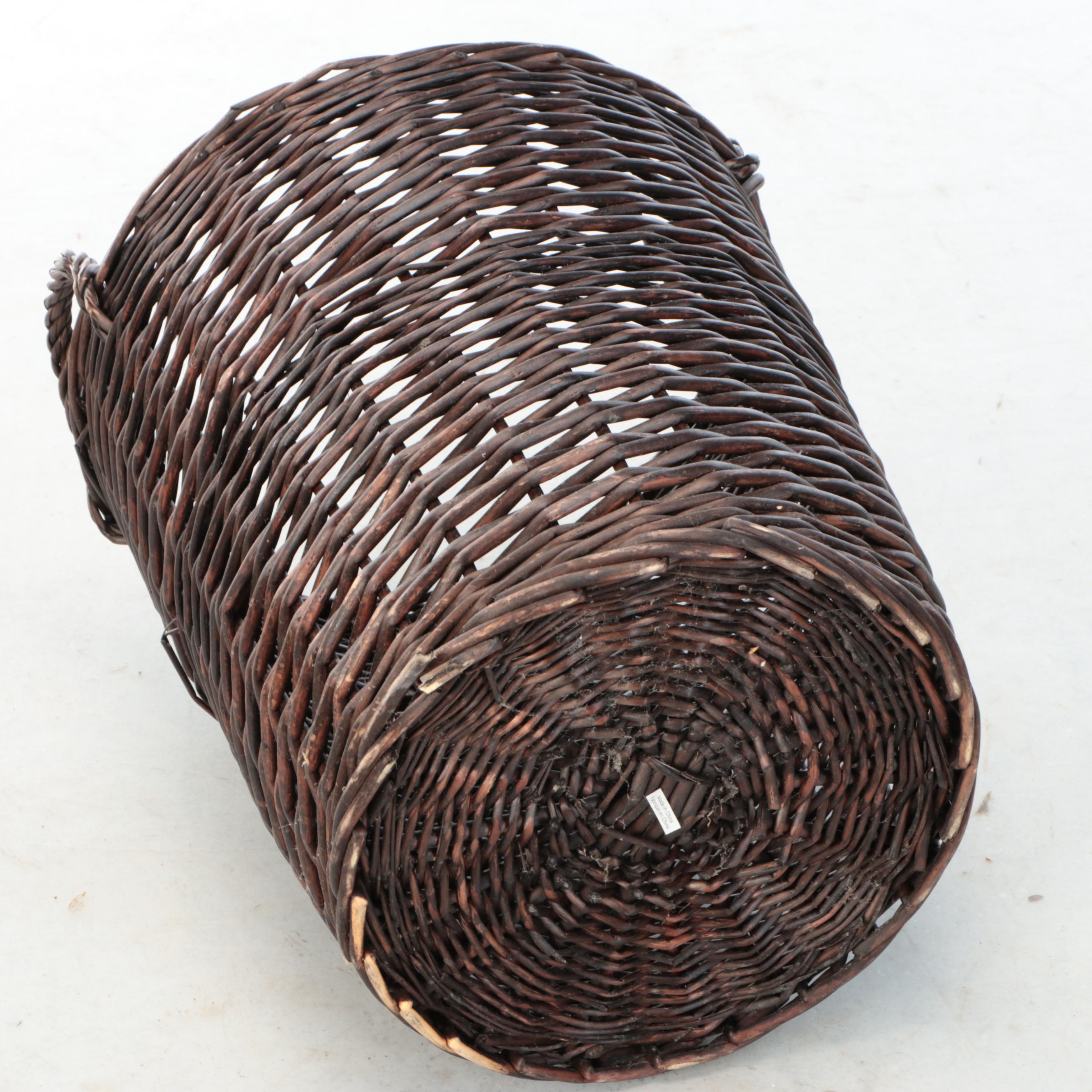 Slatwood Covered Hamper with Wicker Basket and Carved Wooden Stool