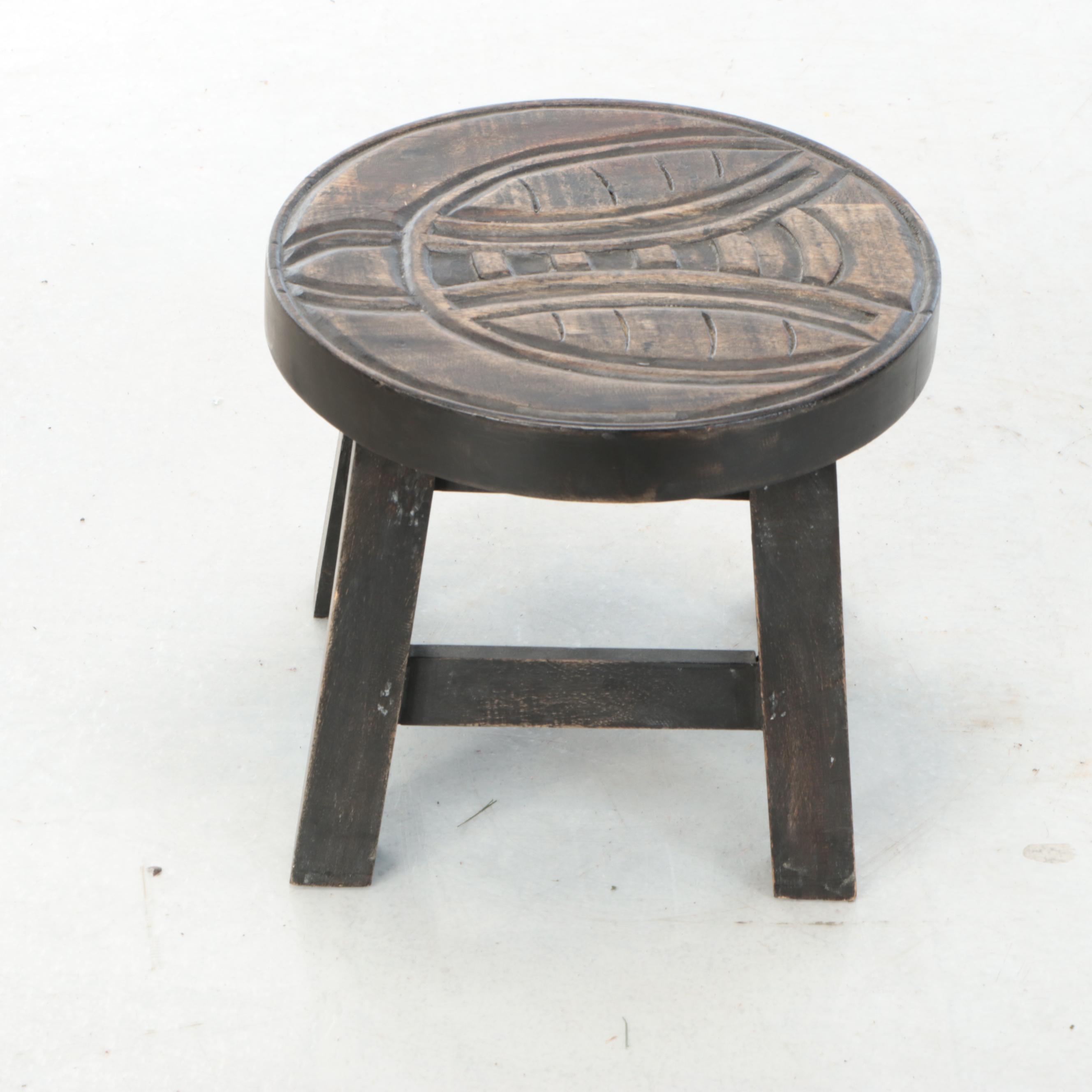 Slatwood Covered Hamper with Wicker Basket and Carved Wooden Stool