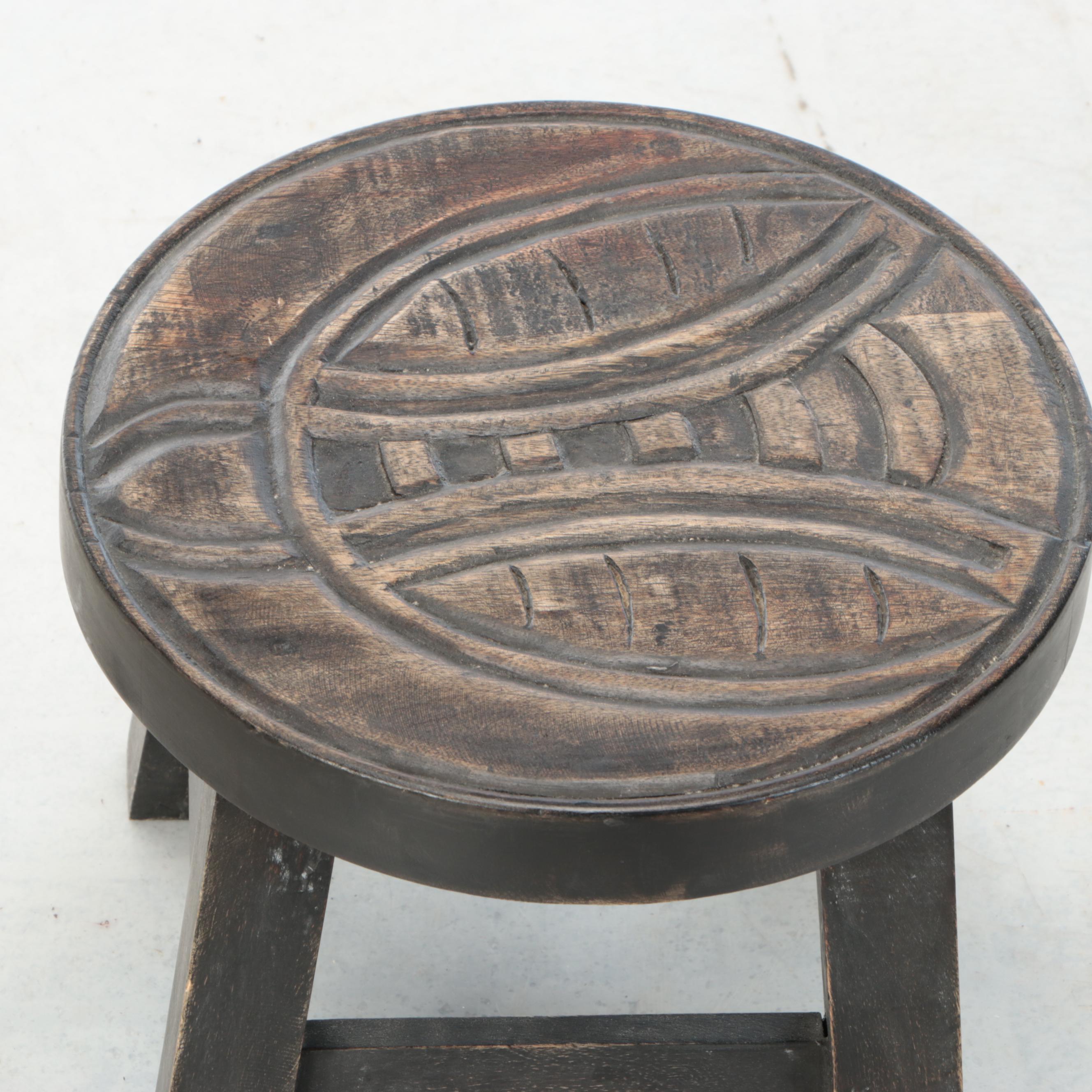 Slatwood Covered Hamper with Wicker Basket and Carved Wooden Stool