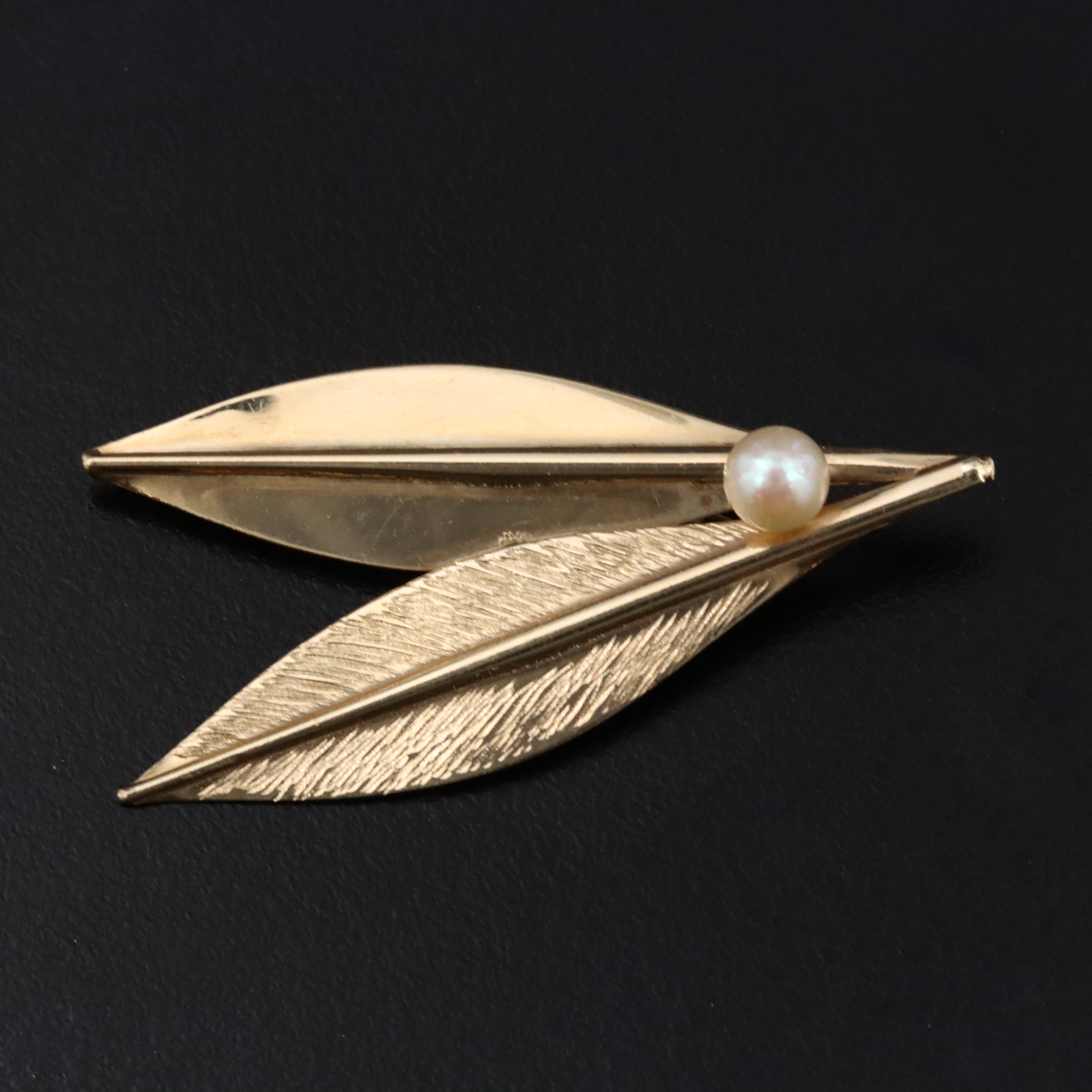 14K Leaves with Pearl Brooch