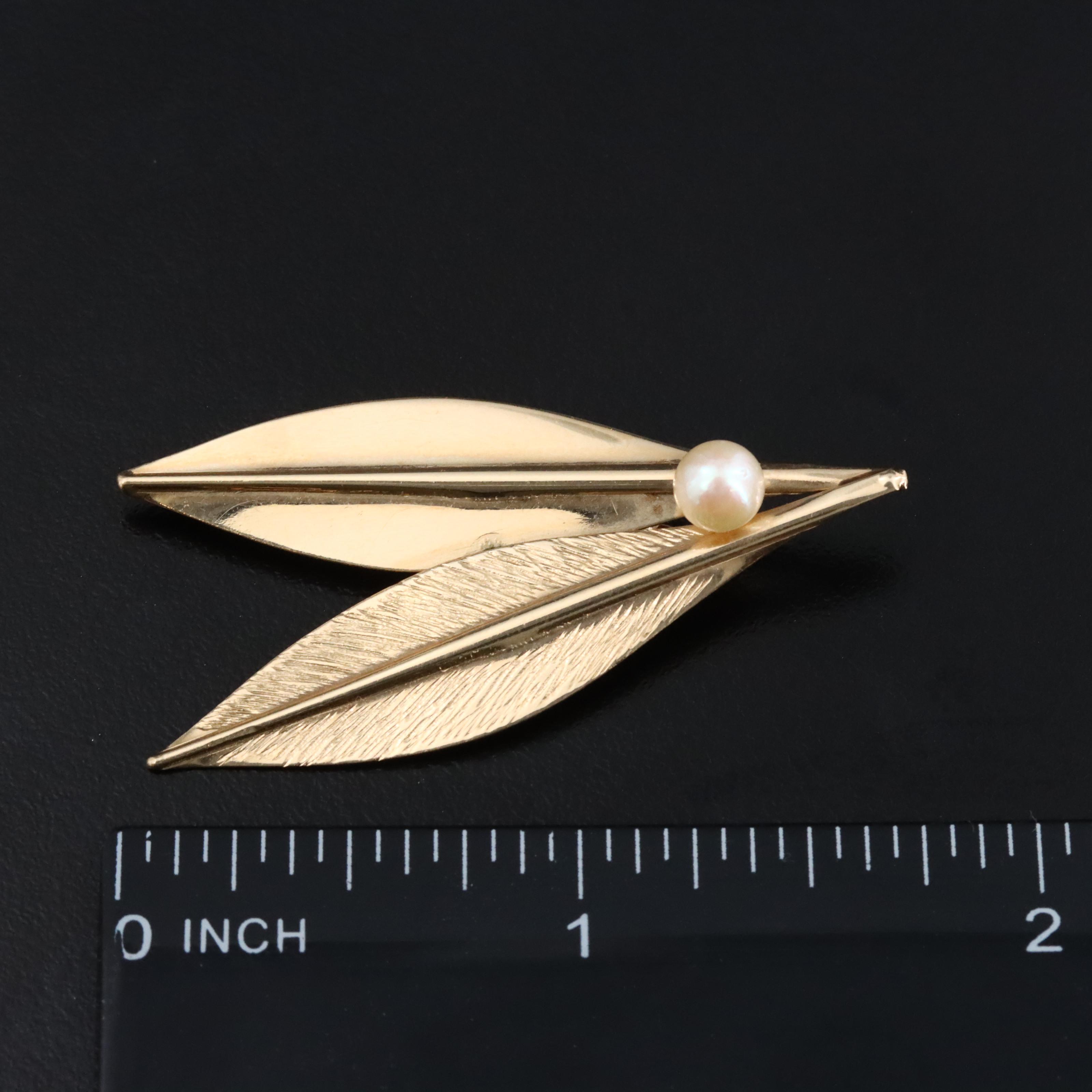 14K Leaves with Pearl Brooch
