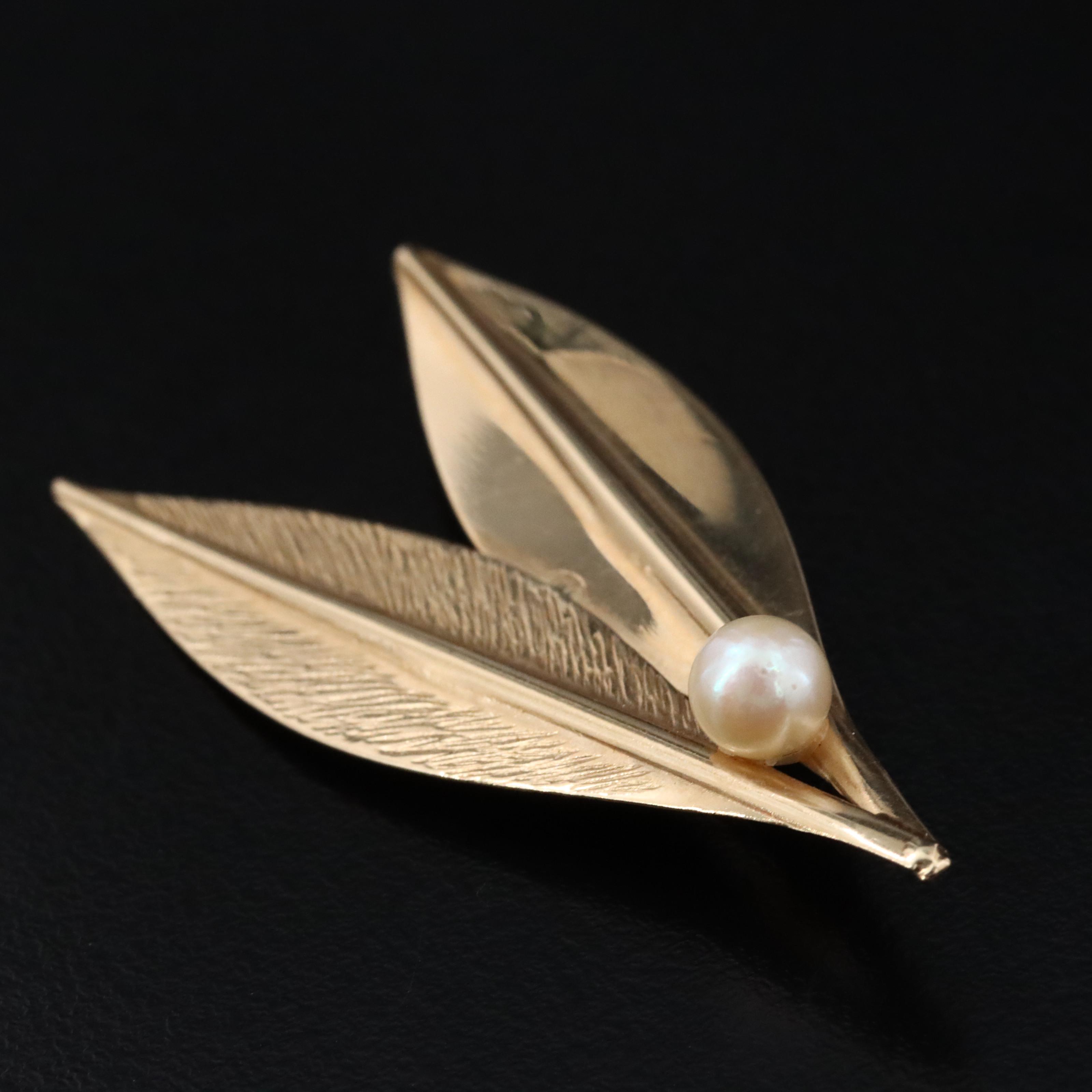 14K Leaves with Pearl Brooch