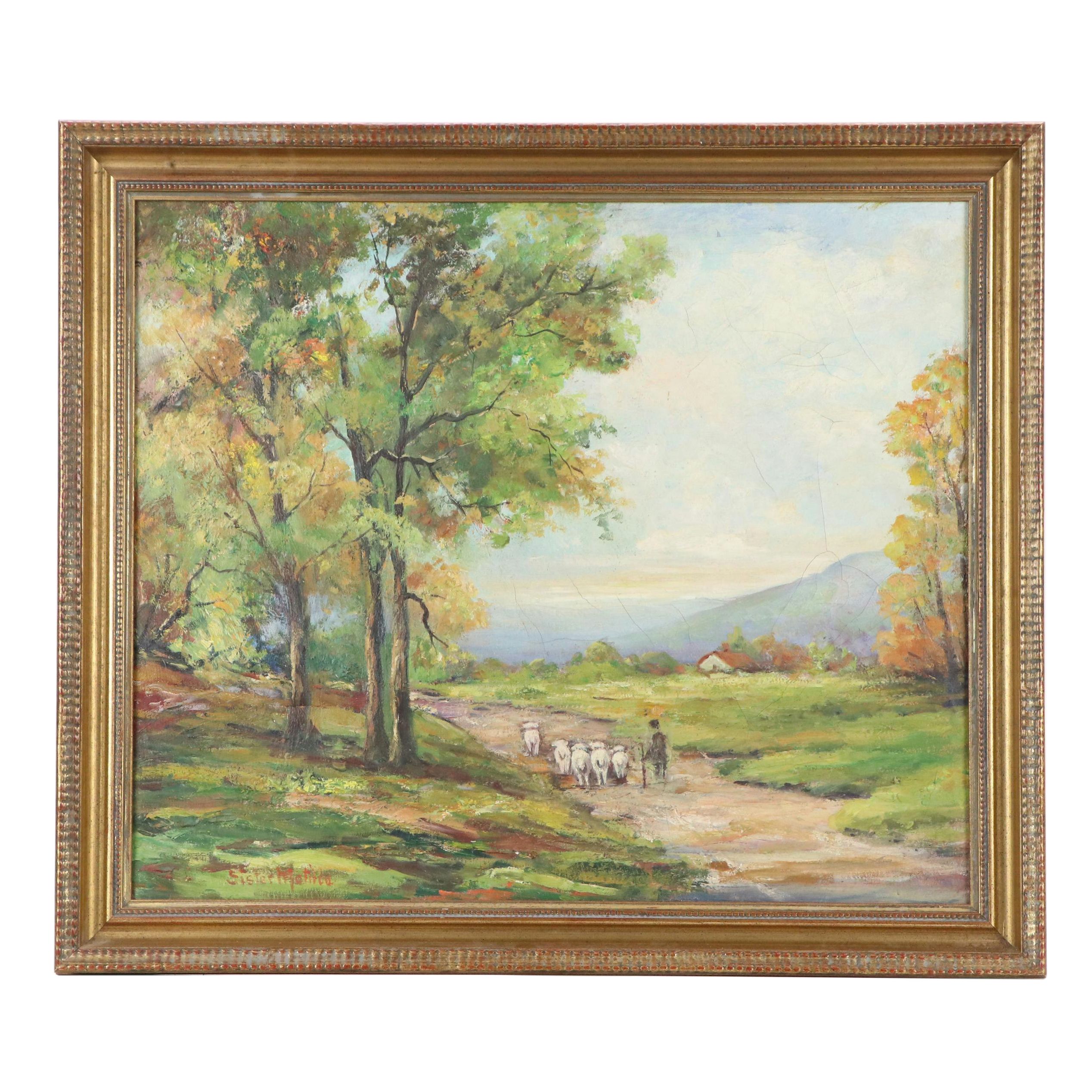 Sister Matilda Buccolic Landscape Oil Painting, 20th Century