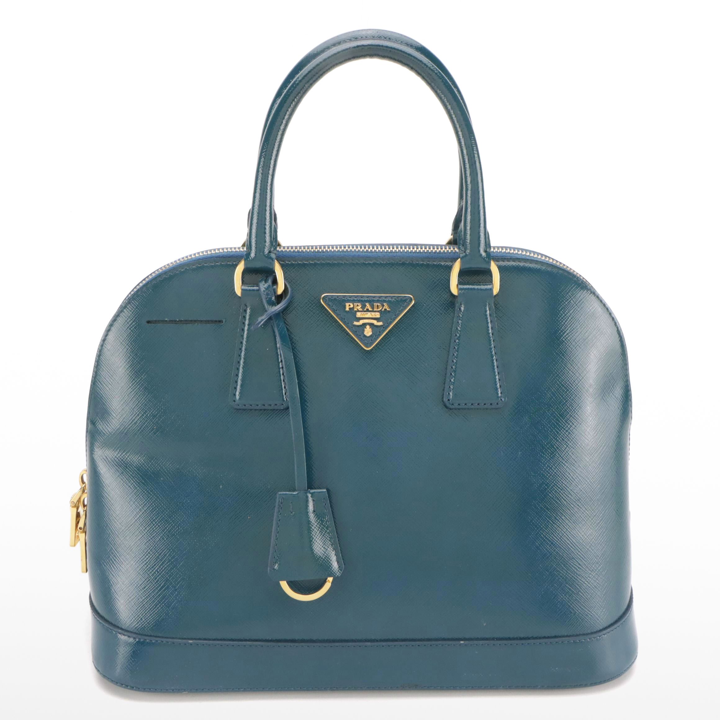 Prada Promenade Dome Handbag in Teal Saffiano Patent Leather