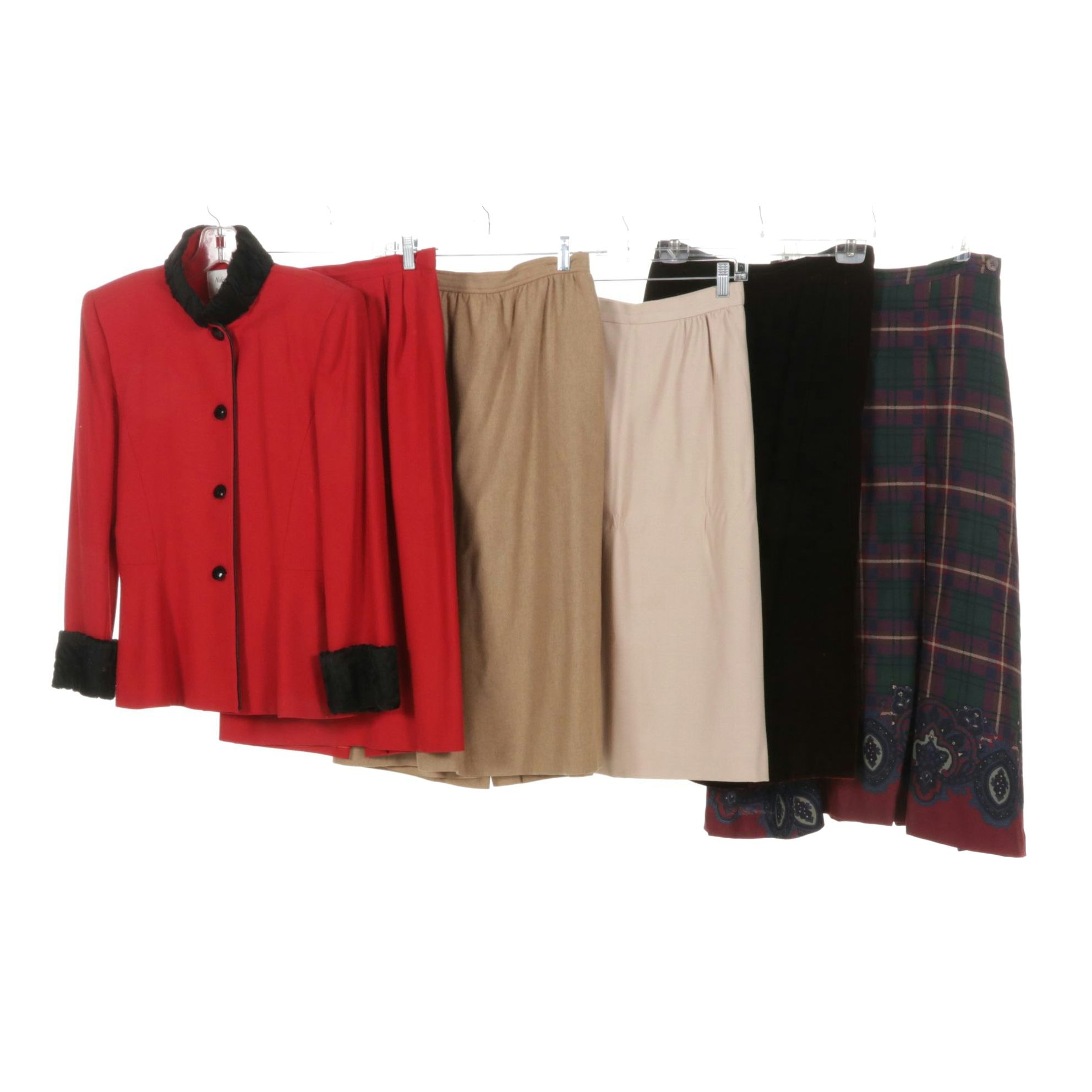 Persian Curly Lamb Trimmed Wool Skirt Suit with Plaid Wool Skirt and More