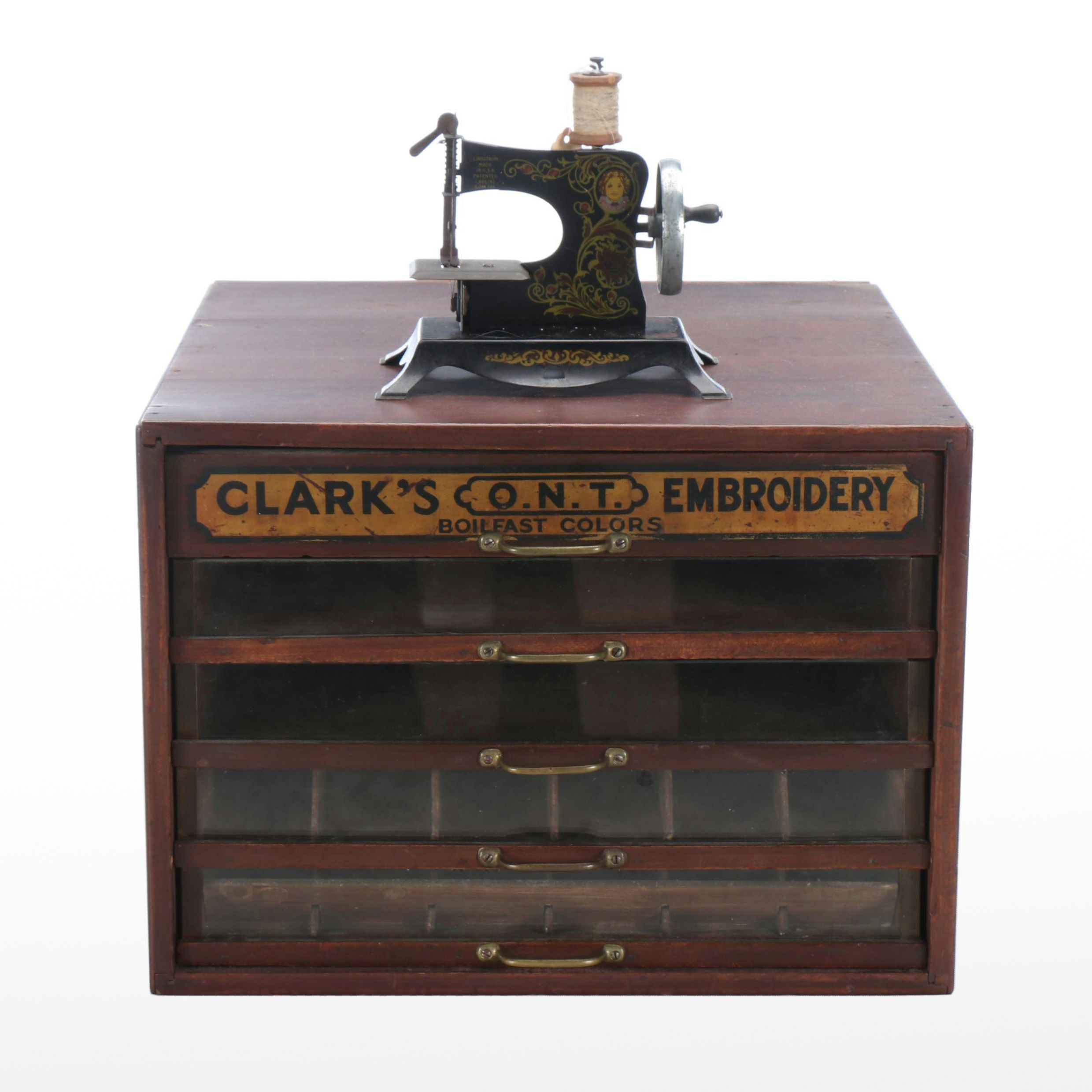 Clark's Embroidery Cabinet with Lindstrom Metal Toy Sewing Machine