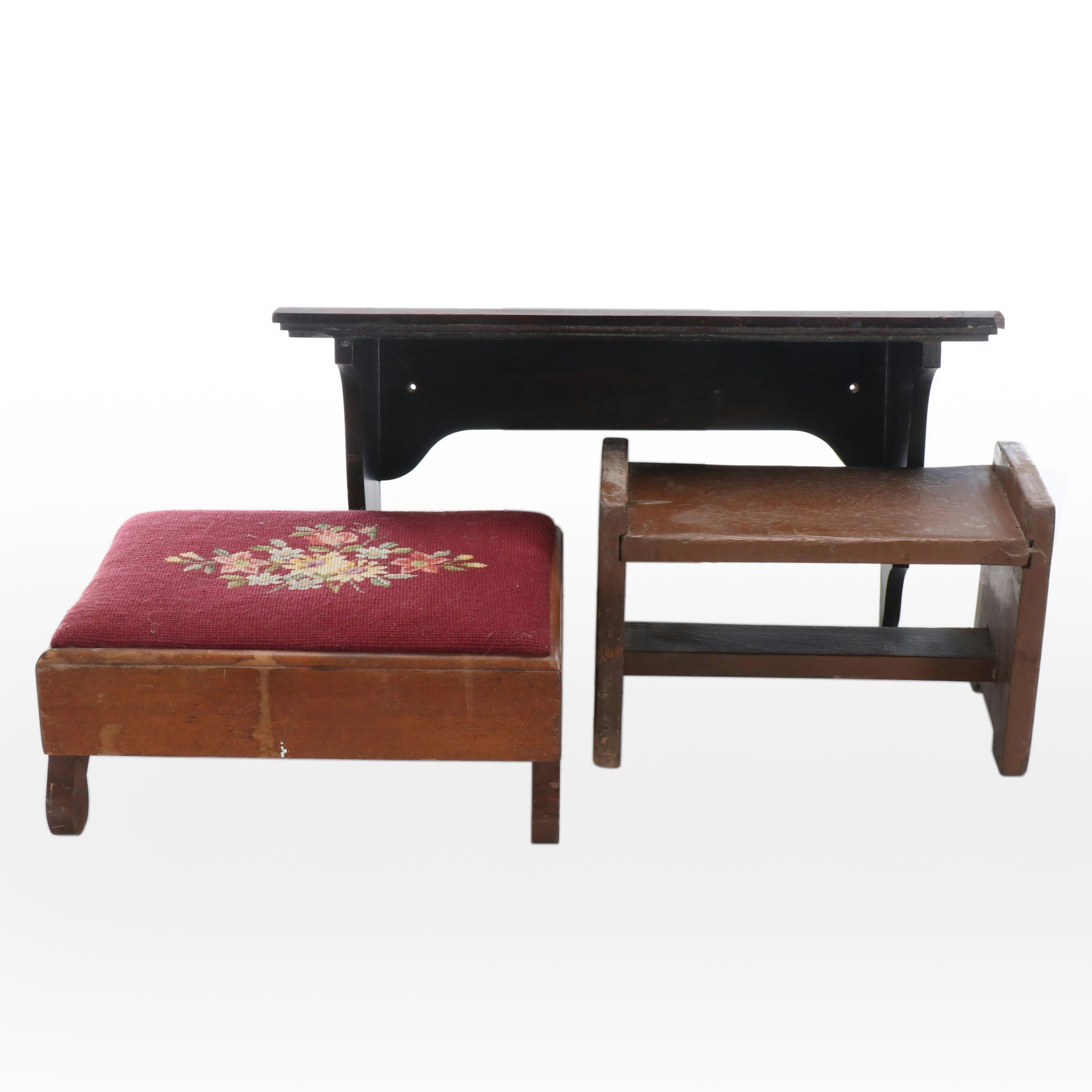 Needlepoint Floral Footrest, Wood Stool, and Wooden Shelf