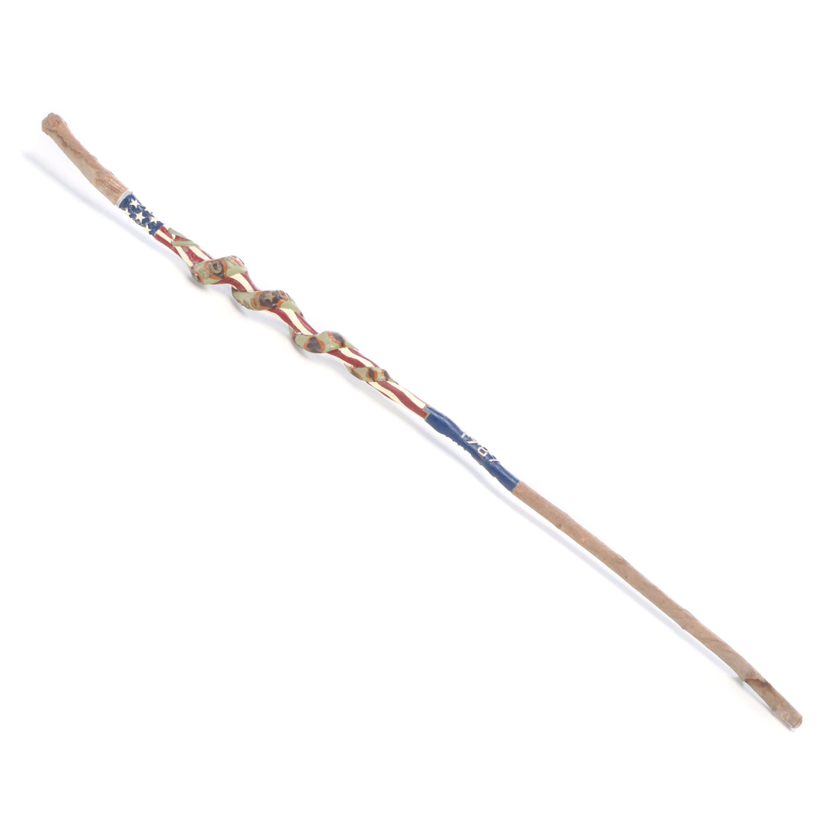 Robert Beaven Folk Art Independence Day Themed Carved Wood Walking Stick, 1987