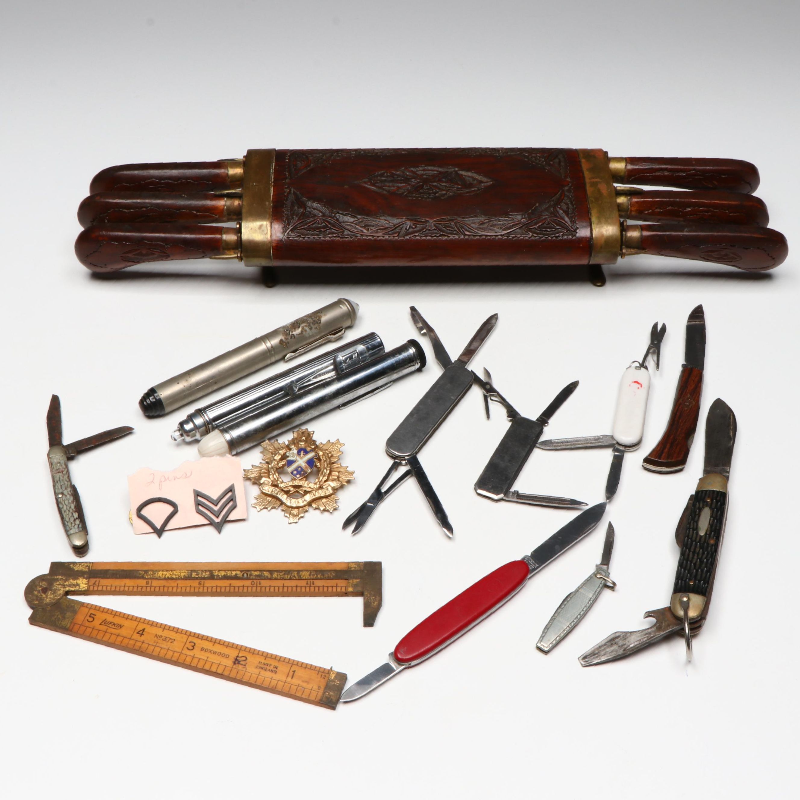 Brass and Carved Wood Set of Steak Knives with Pocketknives and More