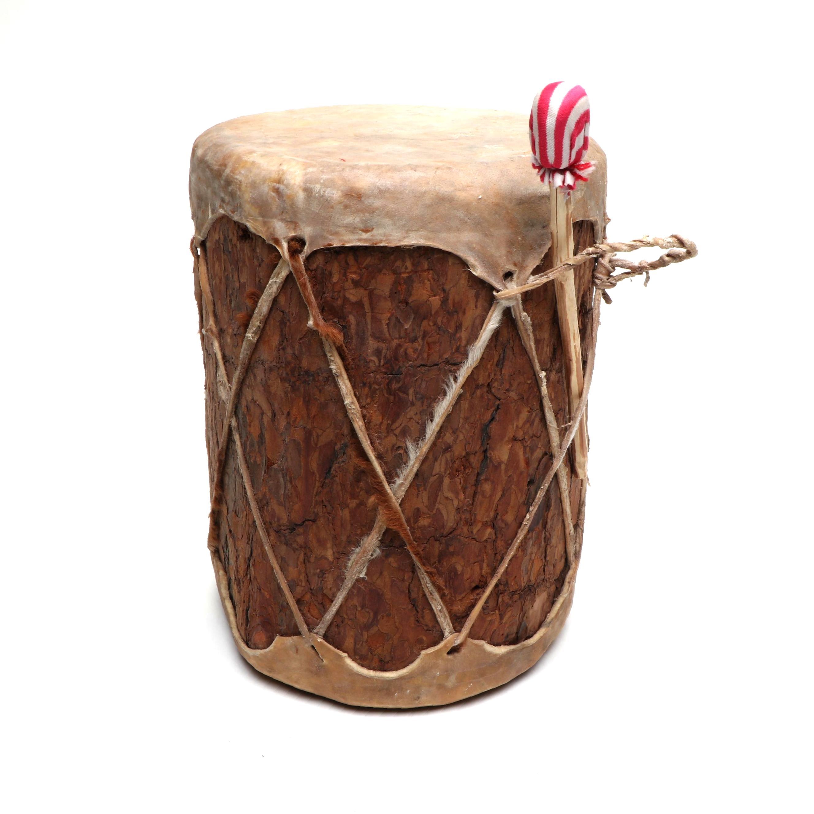 Native American Style Hide Wrapped Rough Pine Wood Drum with Stick