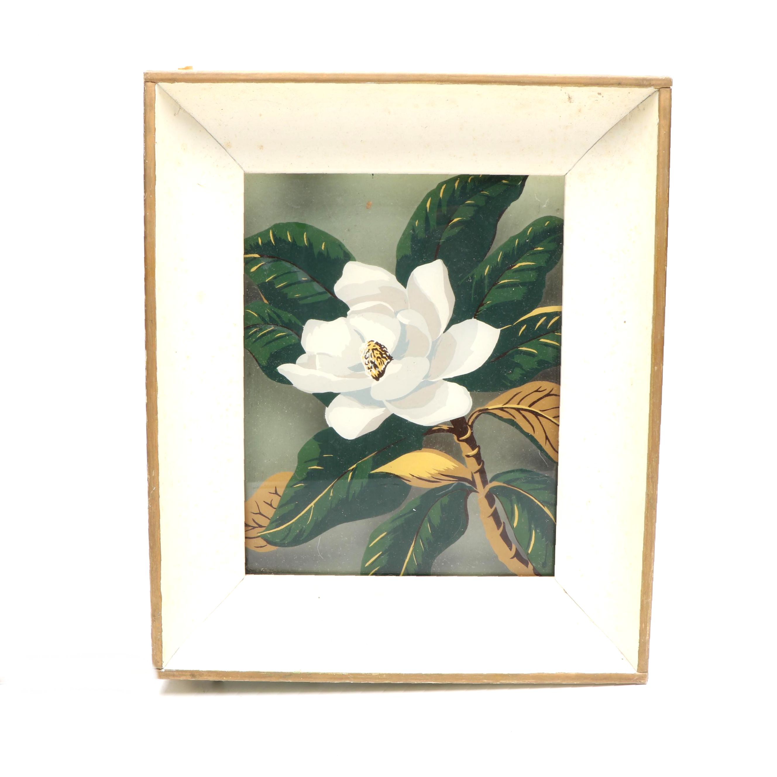 Reverse Painted Magnolia Glass Panel in Metal Frame Shadow Box