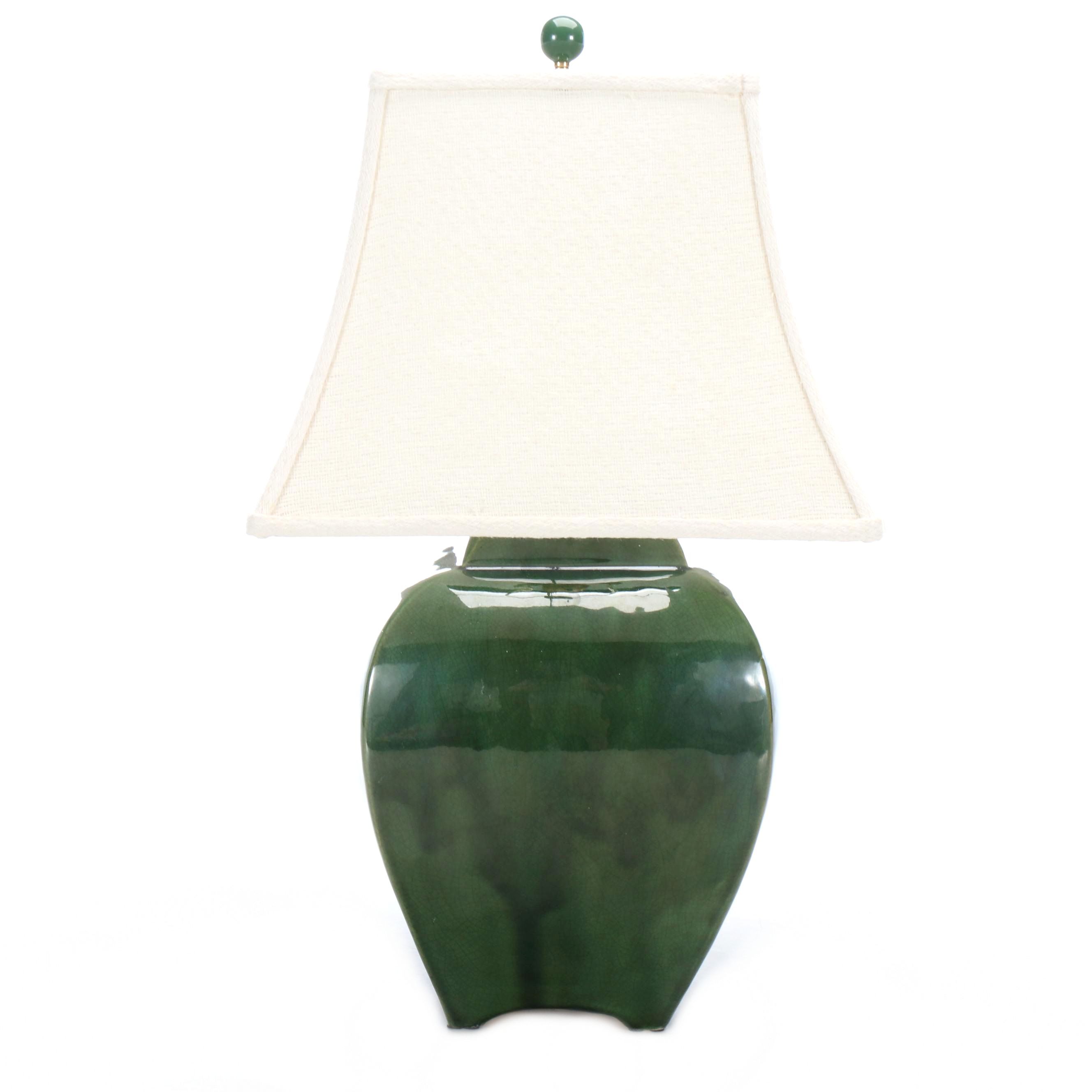 Oriental Accent Green Ceramic Vessel Table Lamp with Pagoda Shade