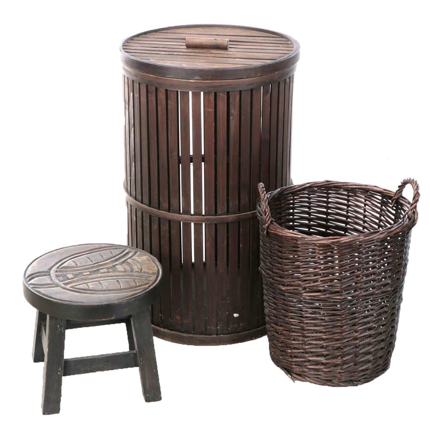 Slatwood Covered Hamper with Wicker Basket and Carved Wooden Stool
