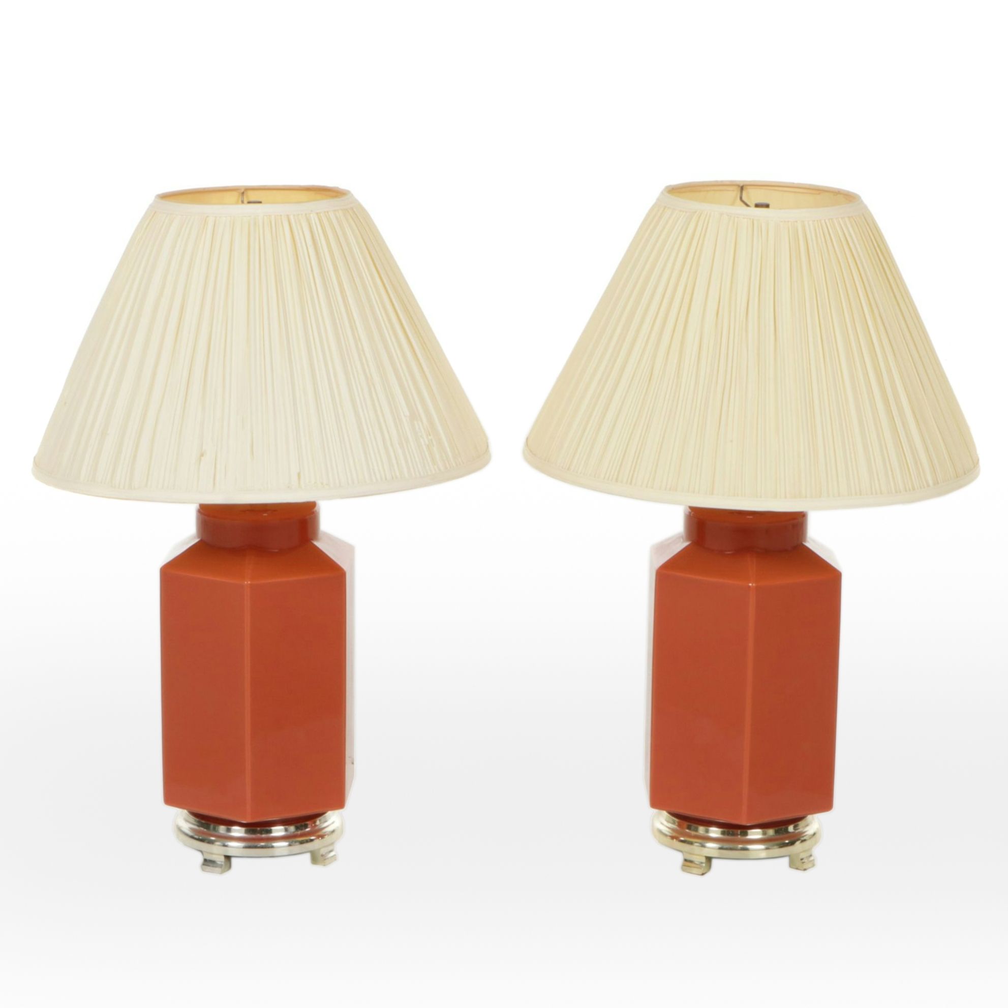 Pair of Brick Red Colored Ceramic Octagonal Table Lamps