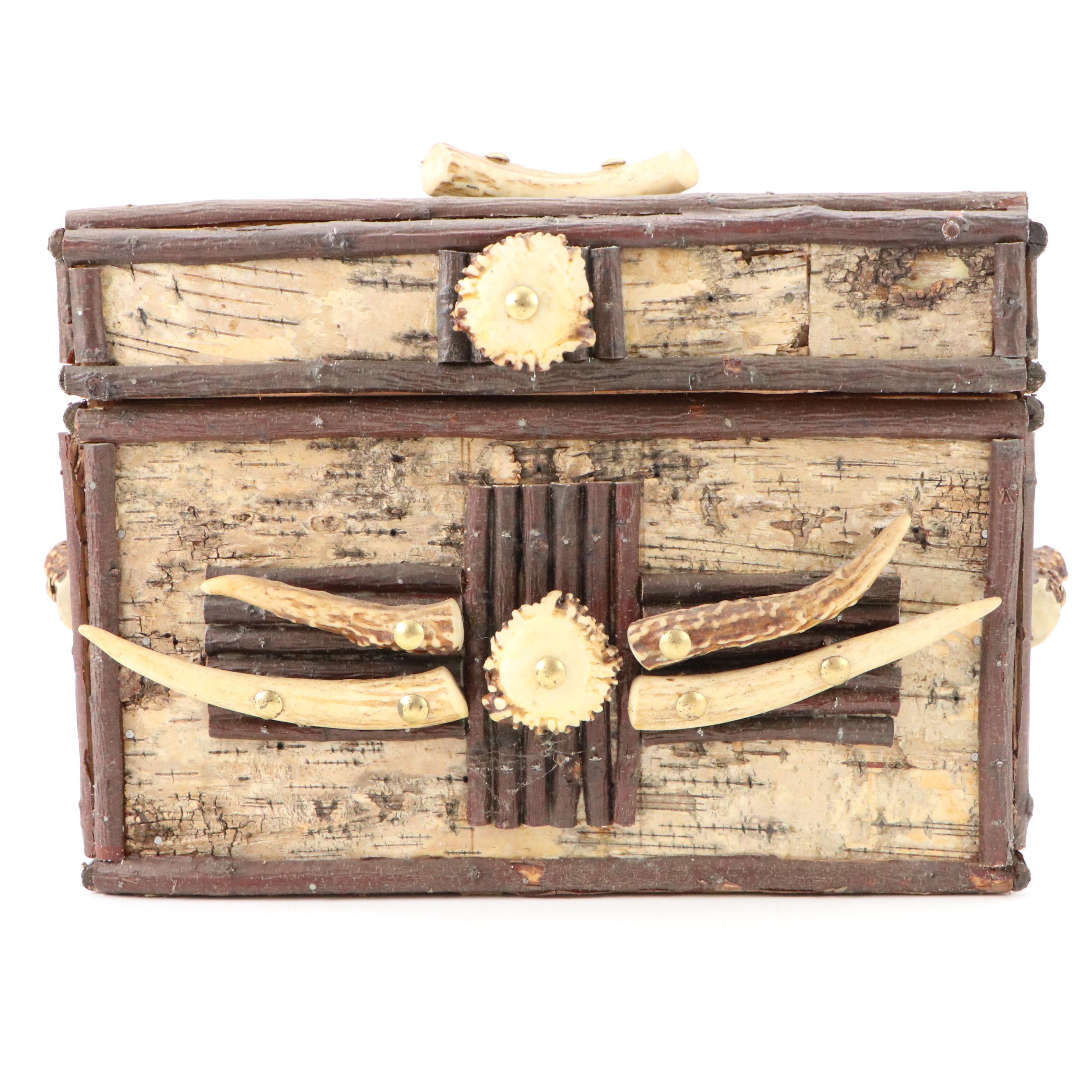 Robert Beaven Folk Art Antlers and Birch Veneer Wooden Box