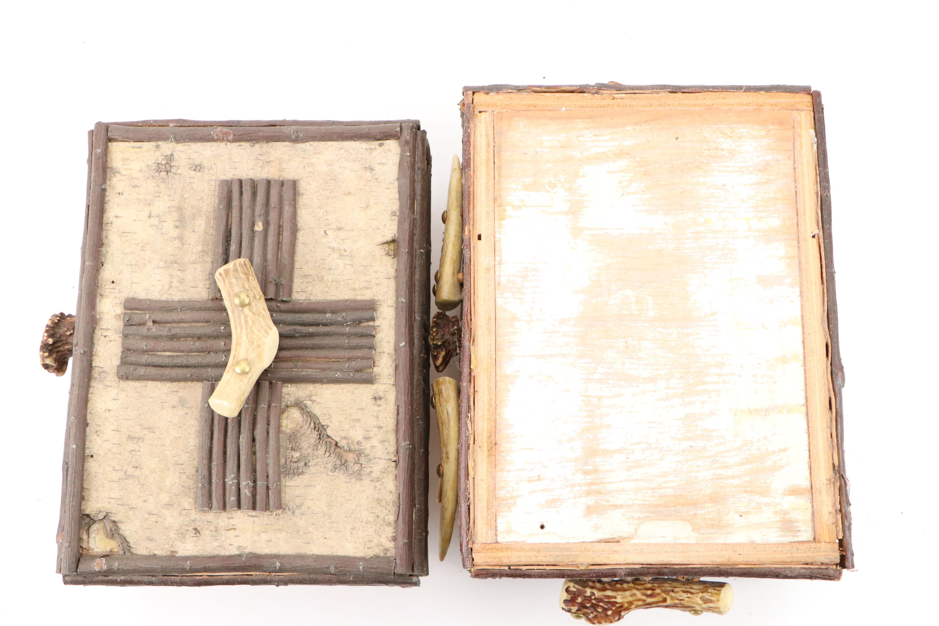 Robert Beaven Folk Art Antlers and Birch Veneer Wooden Box