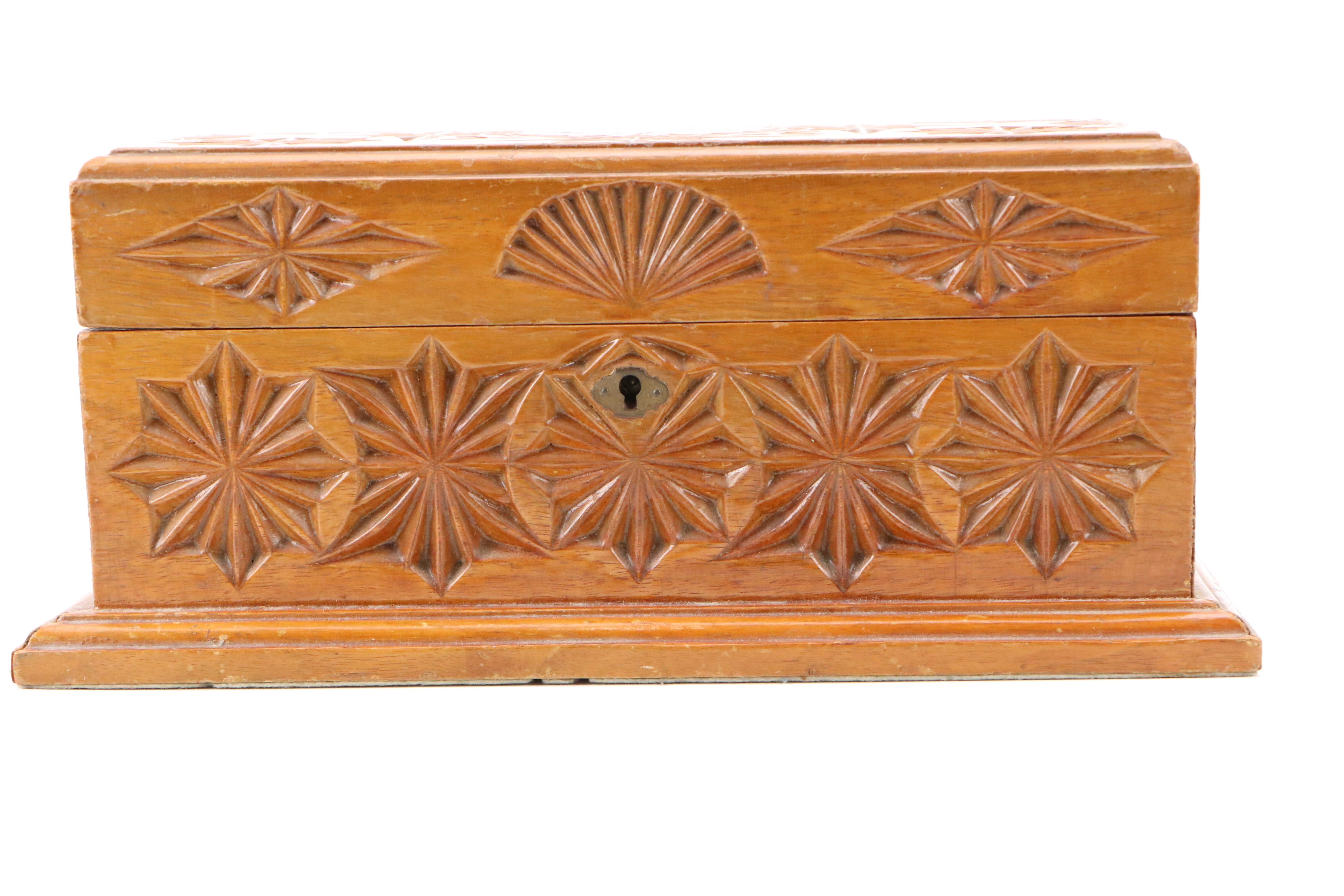 Folk Art Style Fancy Carved Wood Jewelry Box, 20th Century
