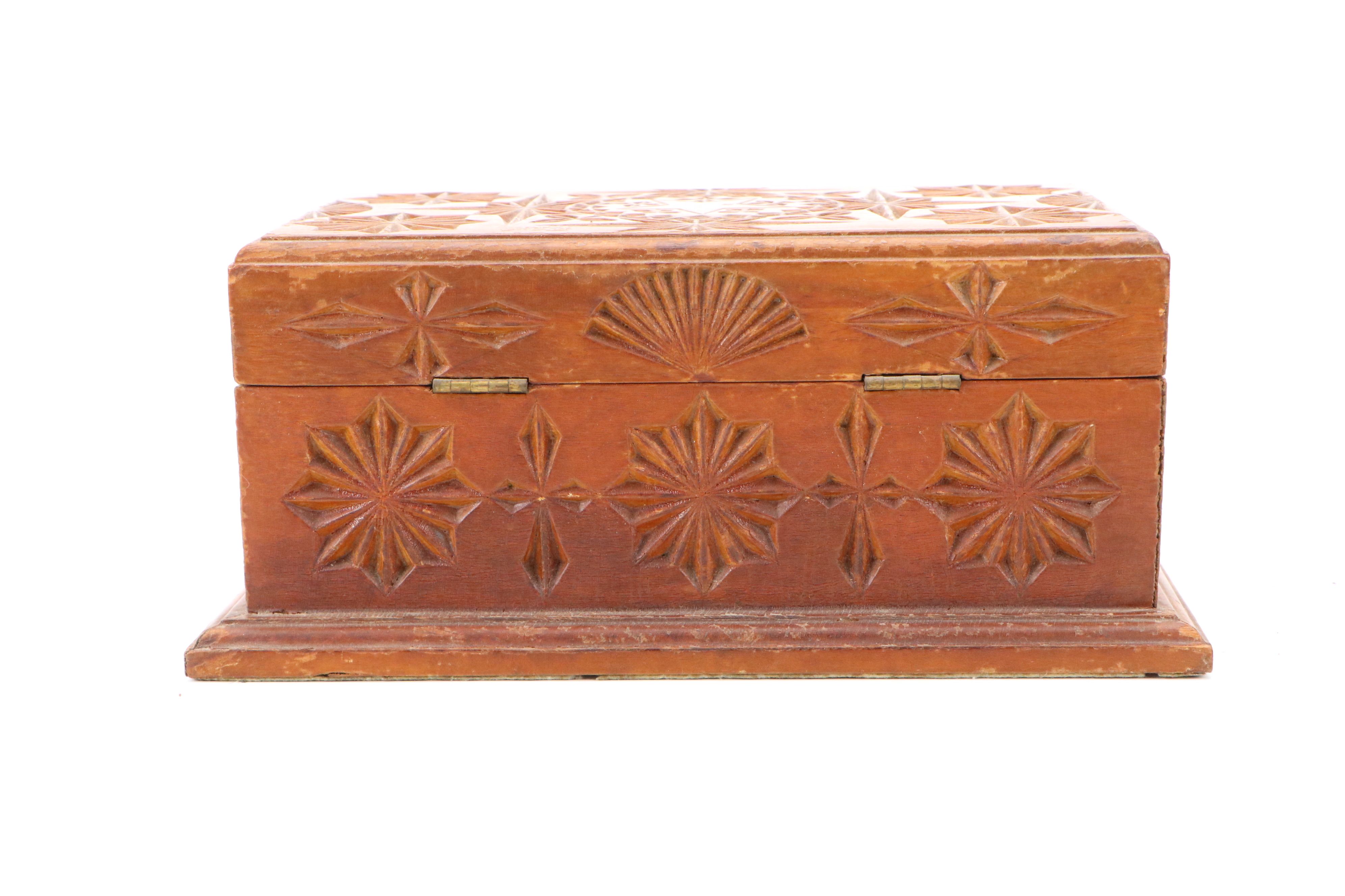 Folk Art Style Fancy Carved Wood Jewelry Box, 20th Century