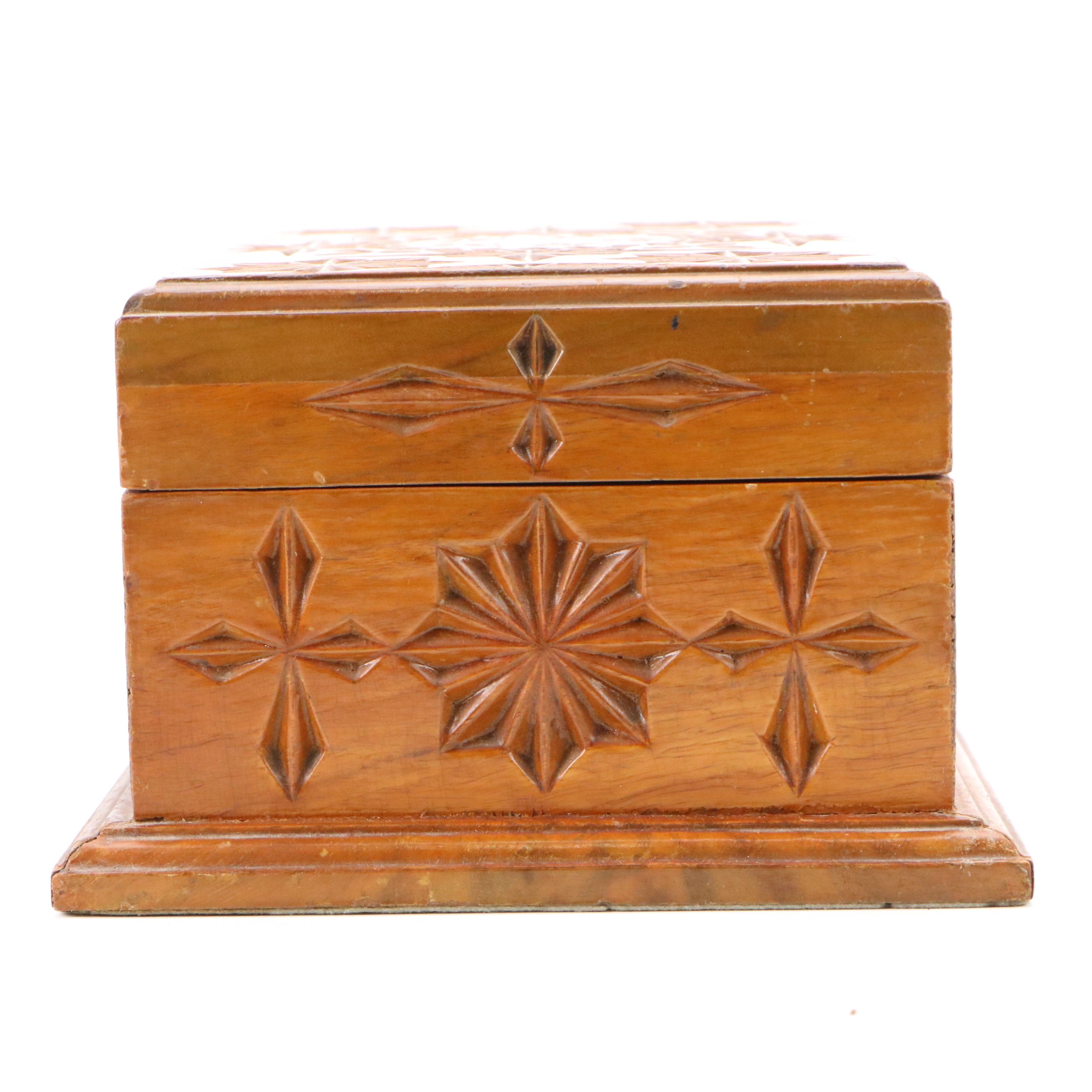 Folk Art Style Fancy Carved Wood Jewelry Box, 20th Century