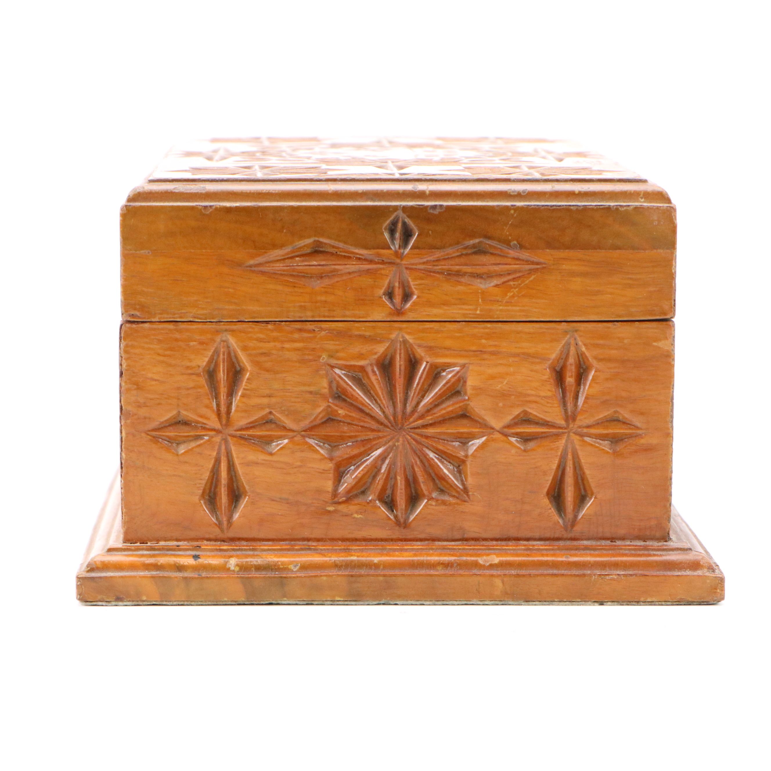 Folk Art Style Fancy Carved Wood Jewelry Box, 20th Century