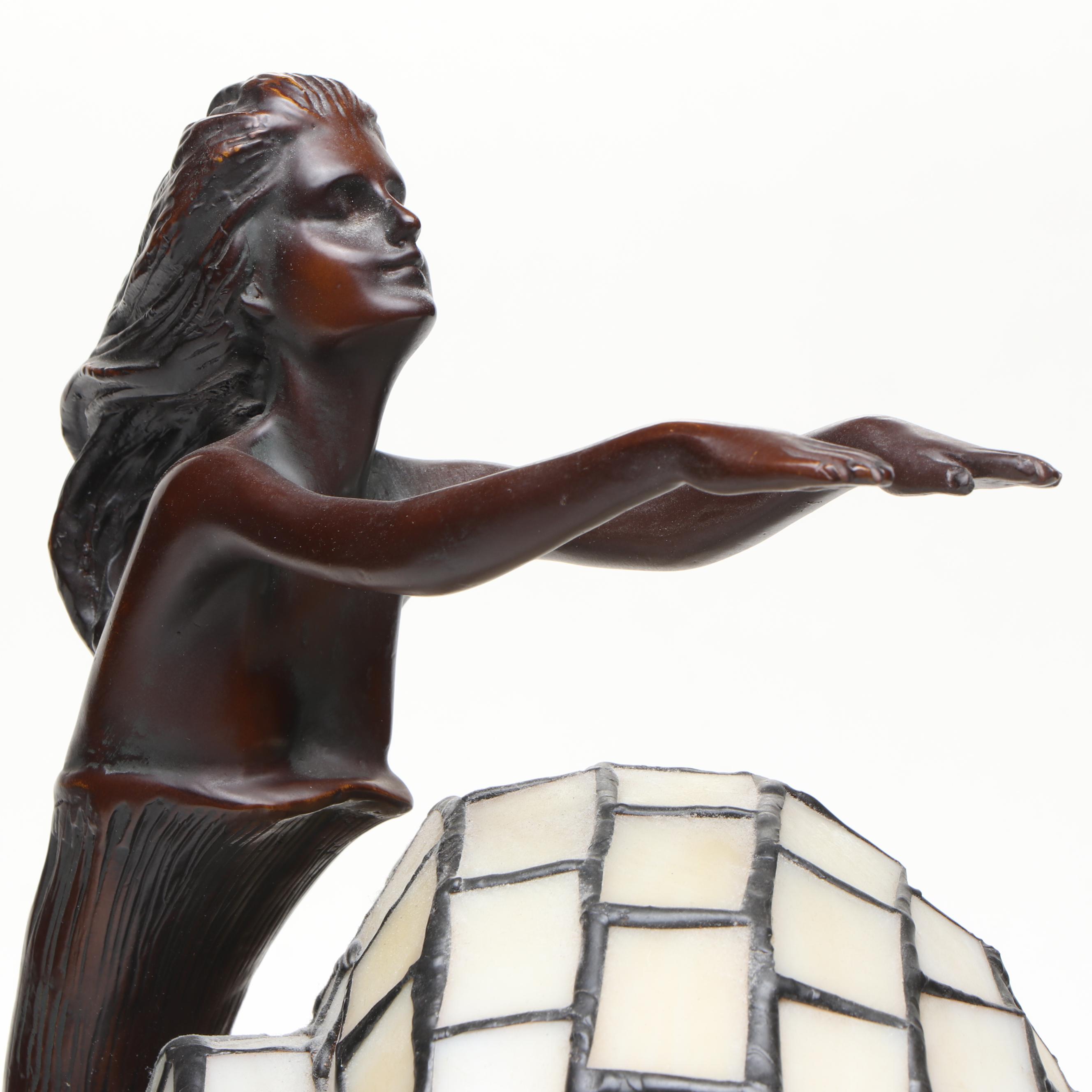 Mermaid Bronzed Metal Lamp & Slag Glass Shell Shade After Gustav Gurschner