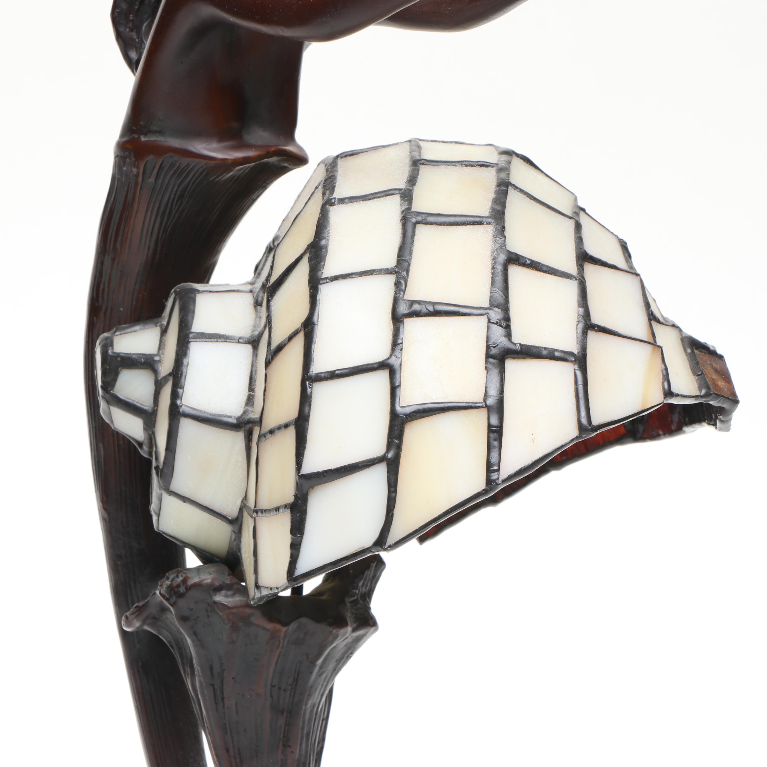 Mermaid Bronzed Metal Lamp & Slag Glass Shell Shade After Gustav Gurschner