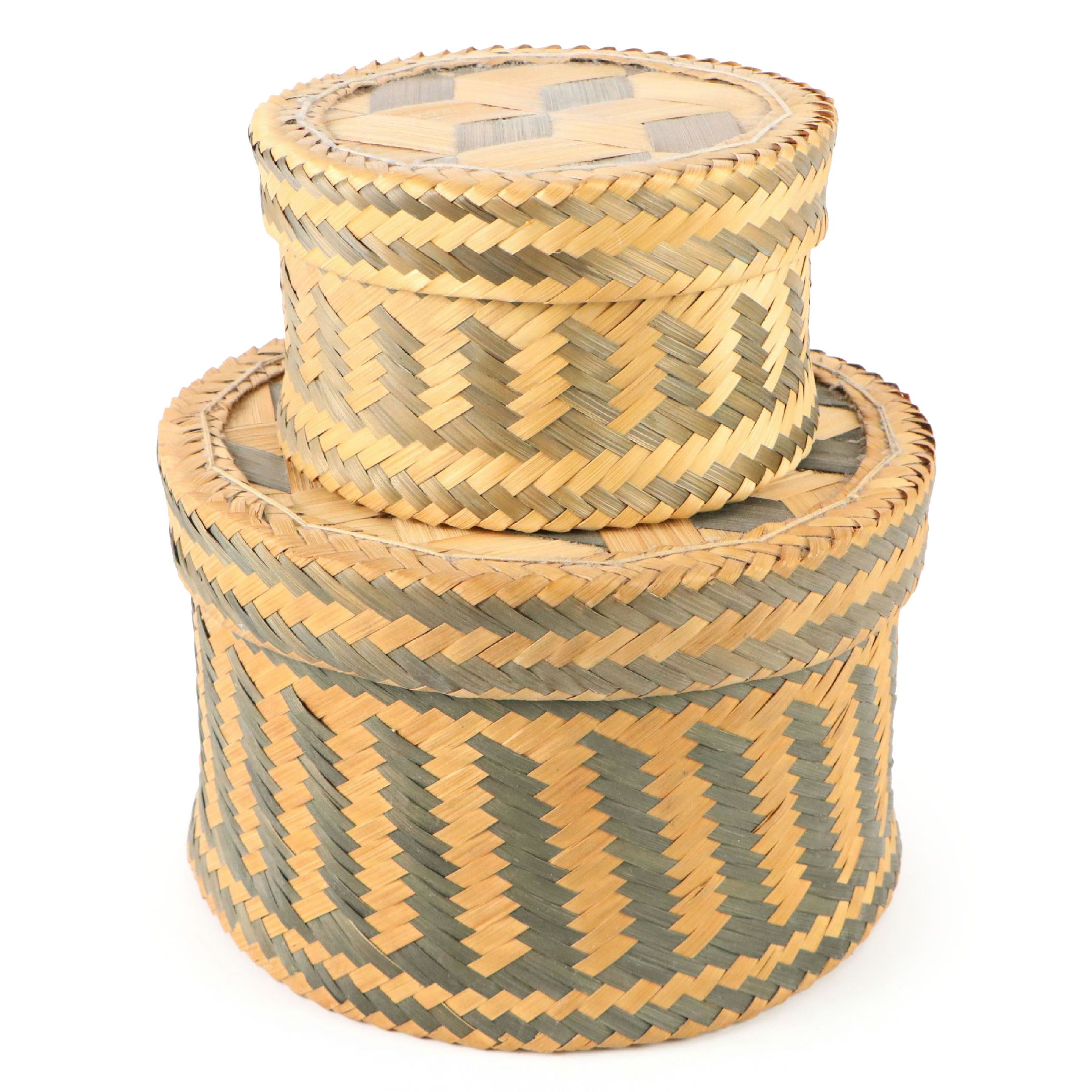 American Folk Art Flat Woven Cylindrical Nesting Boxes, 20th Century