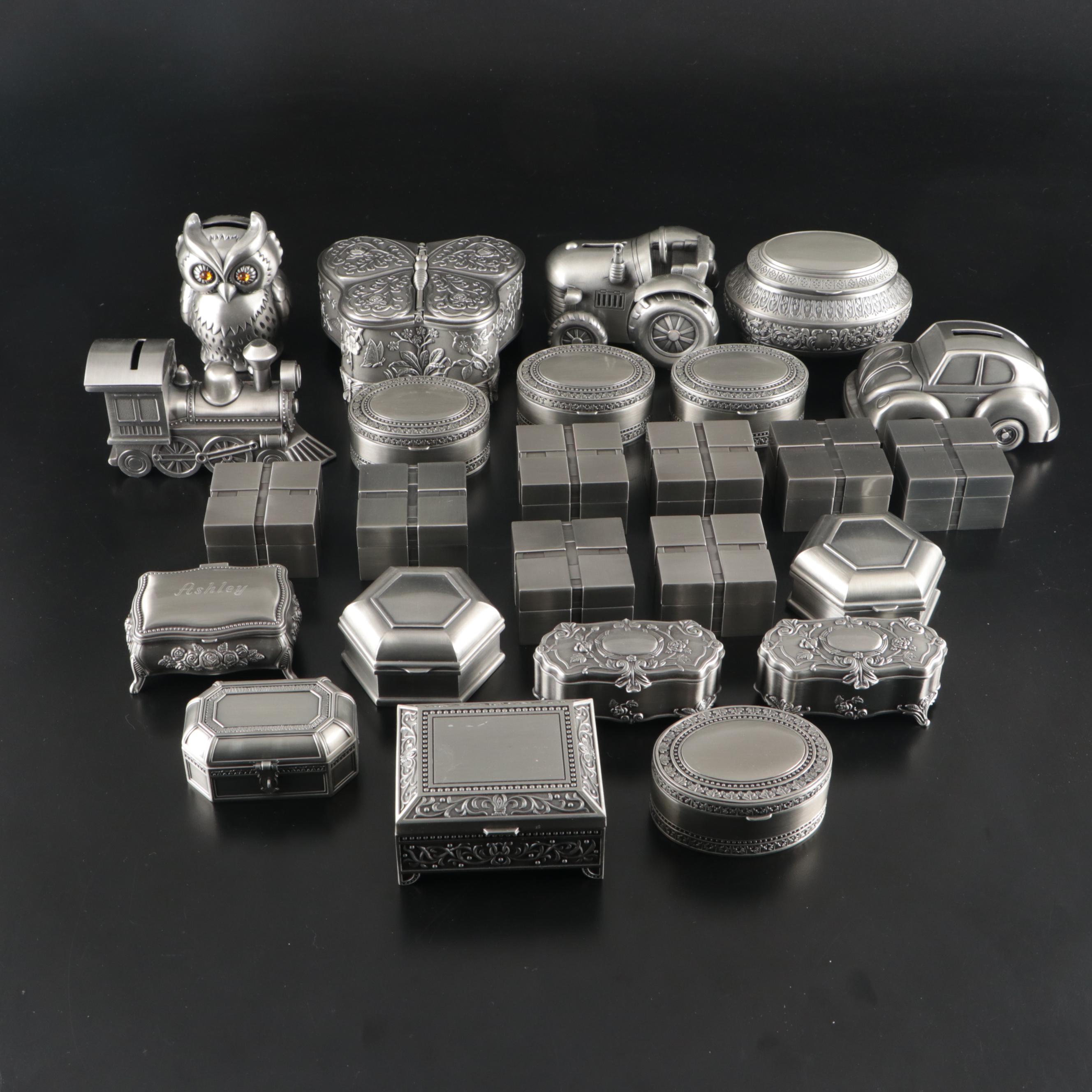 Assortment of Metal Jewelry Display Boxes and Coin Banks