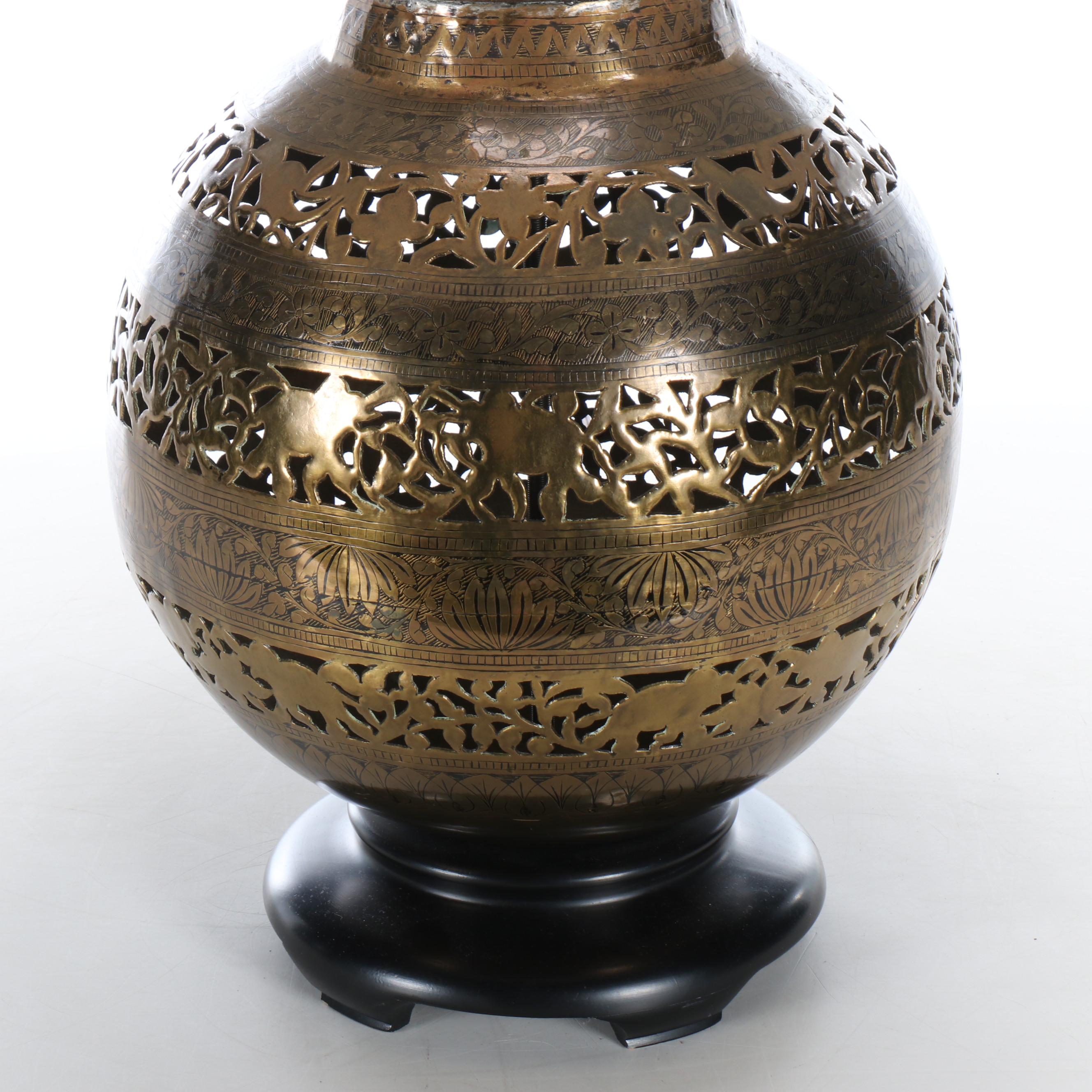 Indo-Persian Style Pierced Brass Elephant Pattern Censer Orb Table Lamp