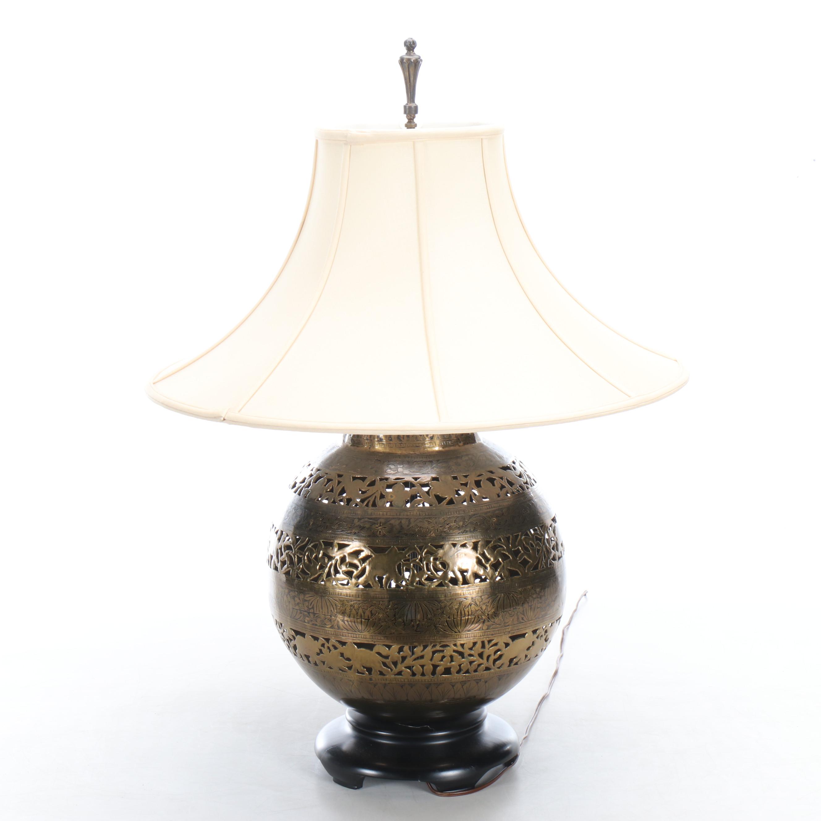 Indo-Persian Style Pierced Brass Elephant Pattern Censer Orb Table Lamp