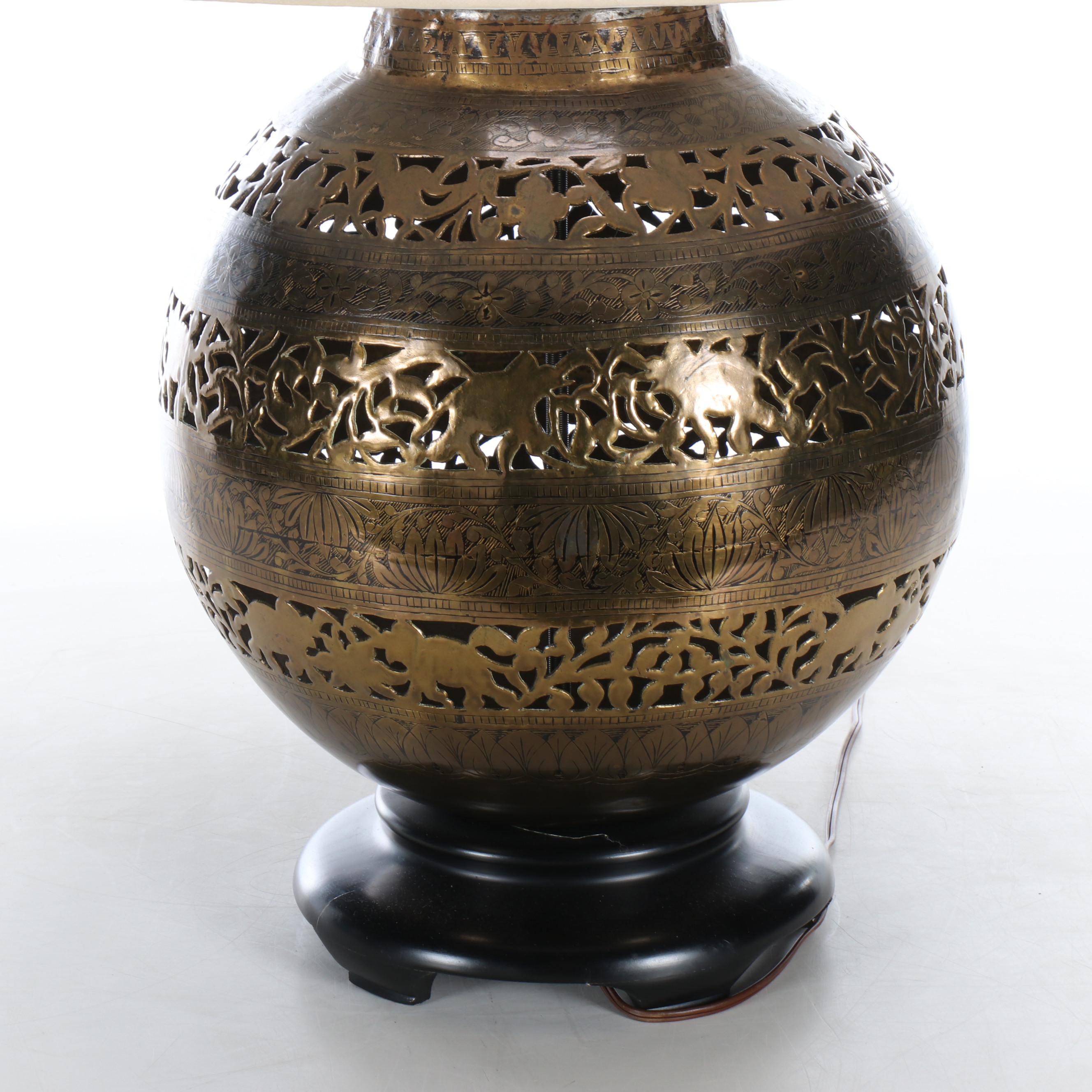 Indo-Persian Style Pierced Brass Elephant Pattern Censer Orb Table Lamp
