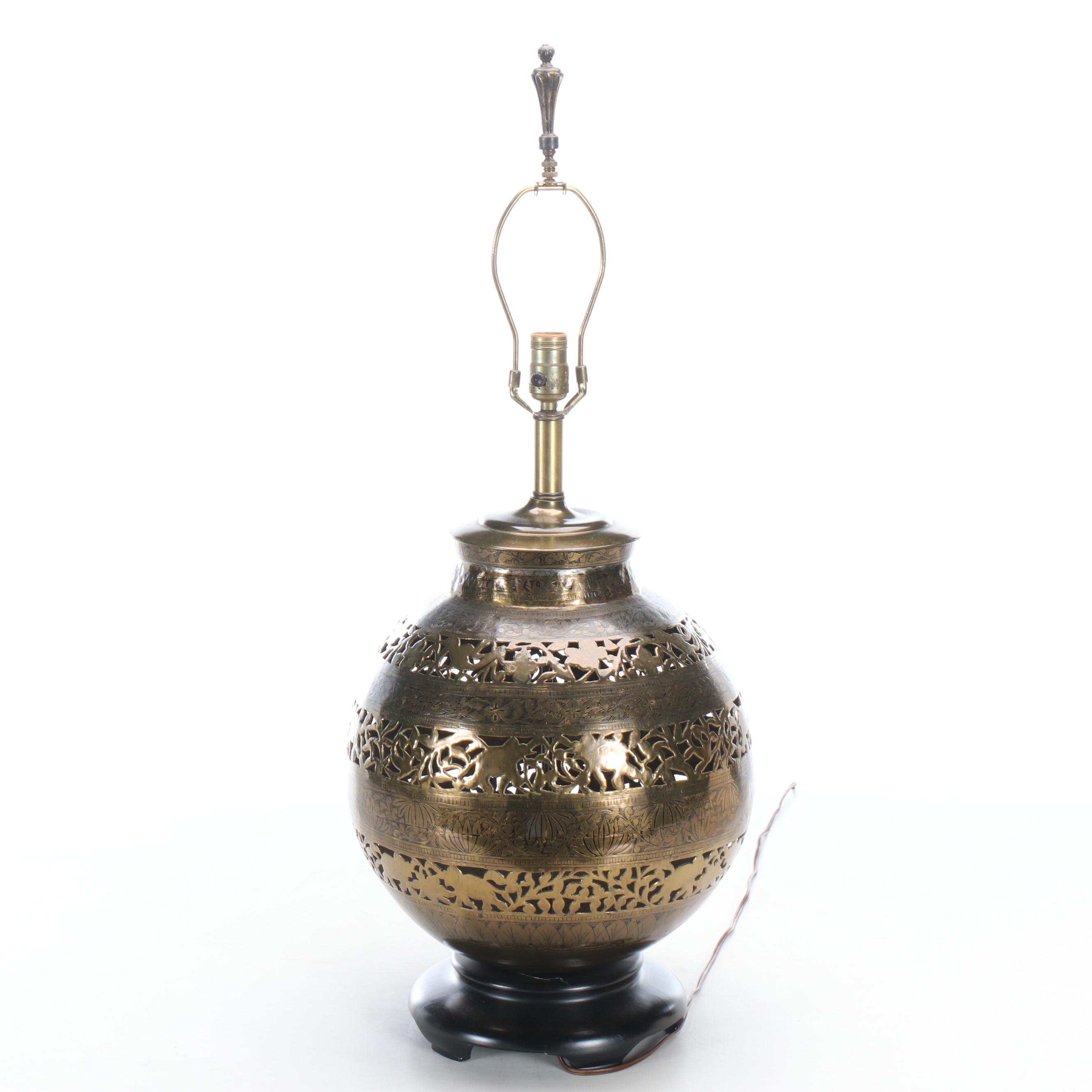 Indo-Persian Style Pierced Brass Elephant Pattern Censer Orb Table Lamp