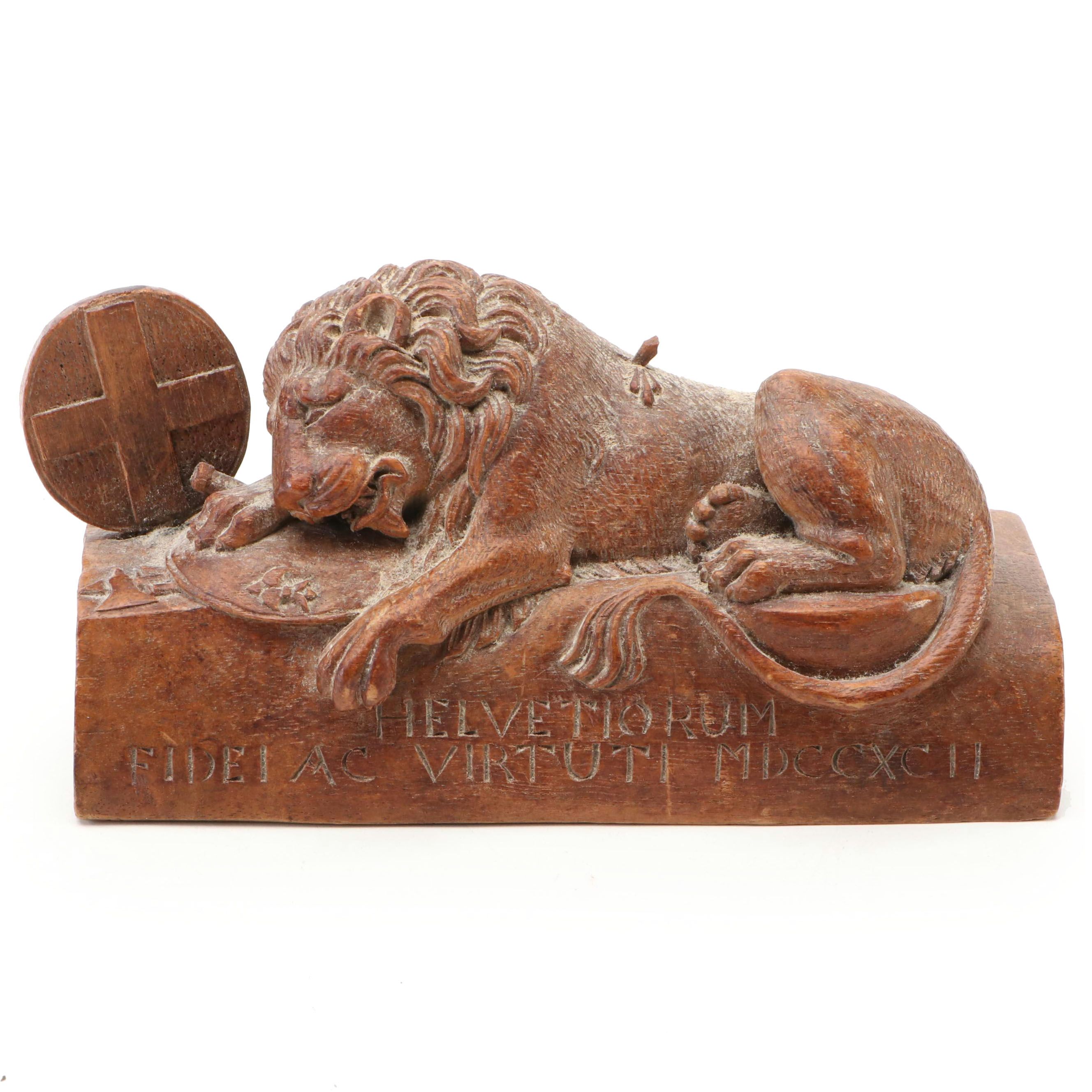 After Bertel Thorvaldsen Carved Wood Sculpture "Lion of Lucerne"