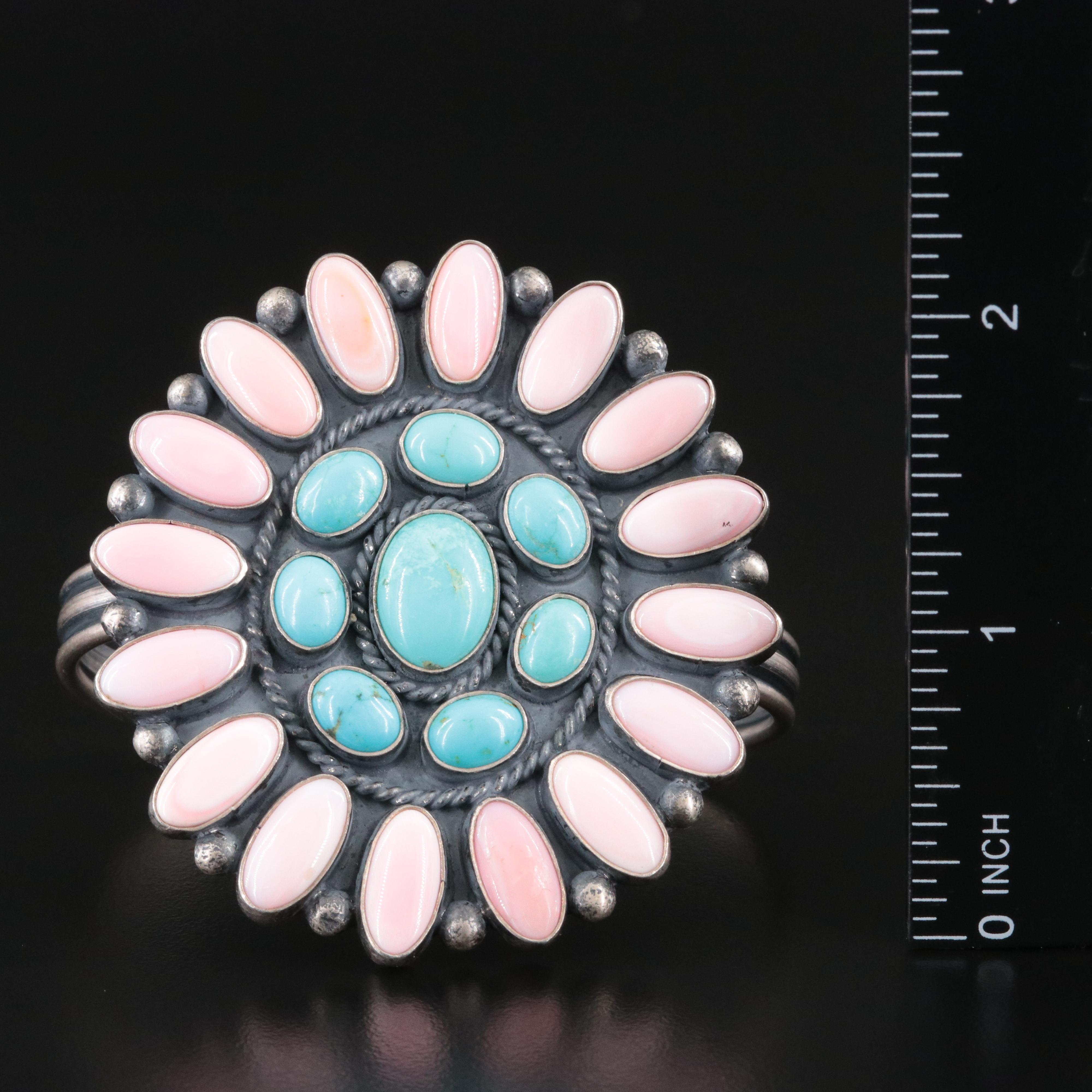 Western Signed Sterling Shell and Turquoise Cluster Cuff Bracelet