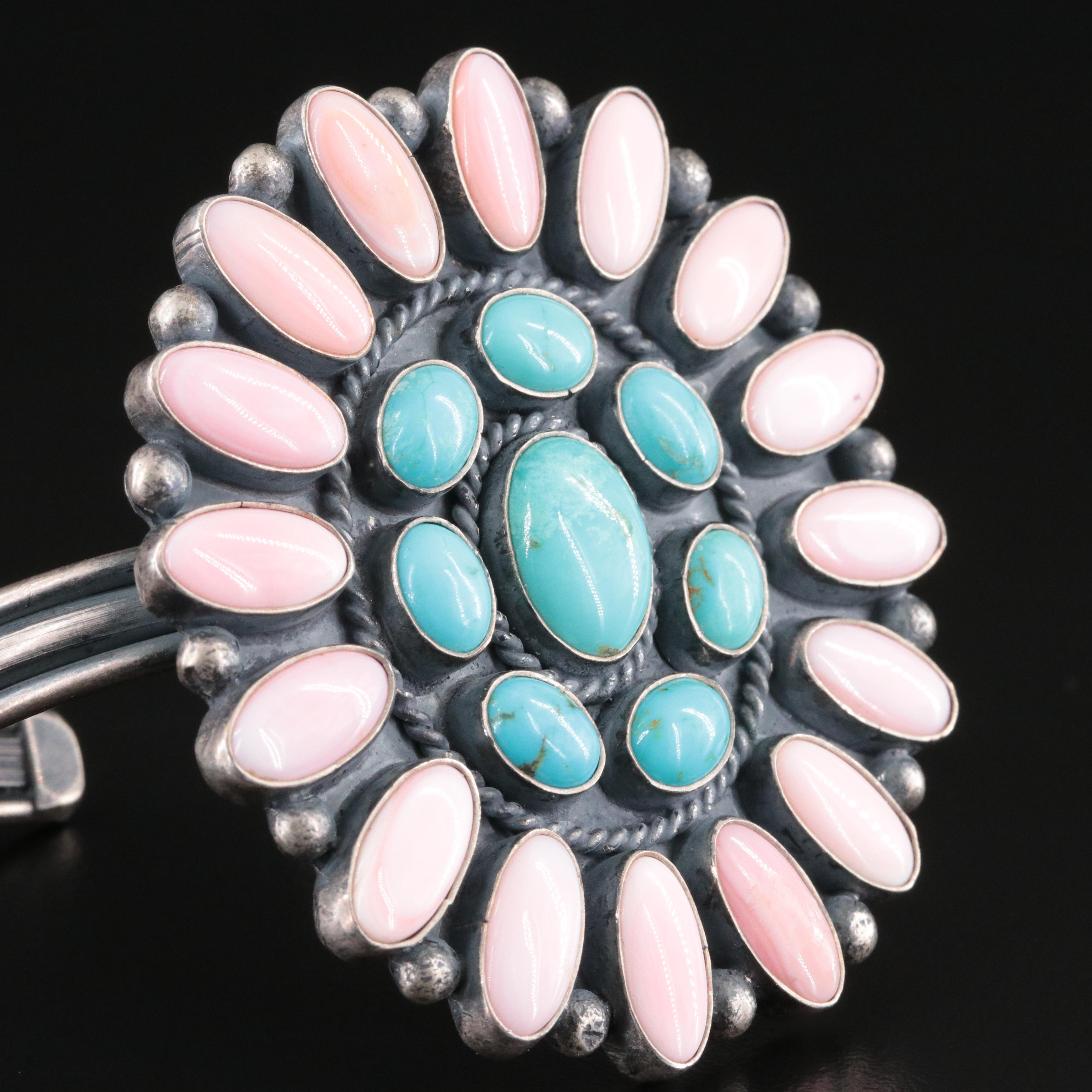 Western Signed Sterling Shell and Turquoise Cluster Cuff Bracelet