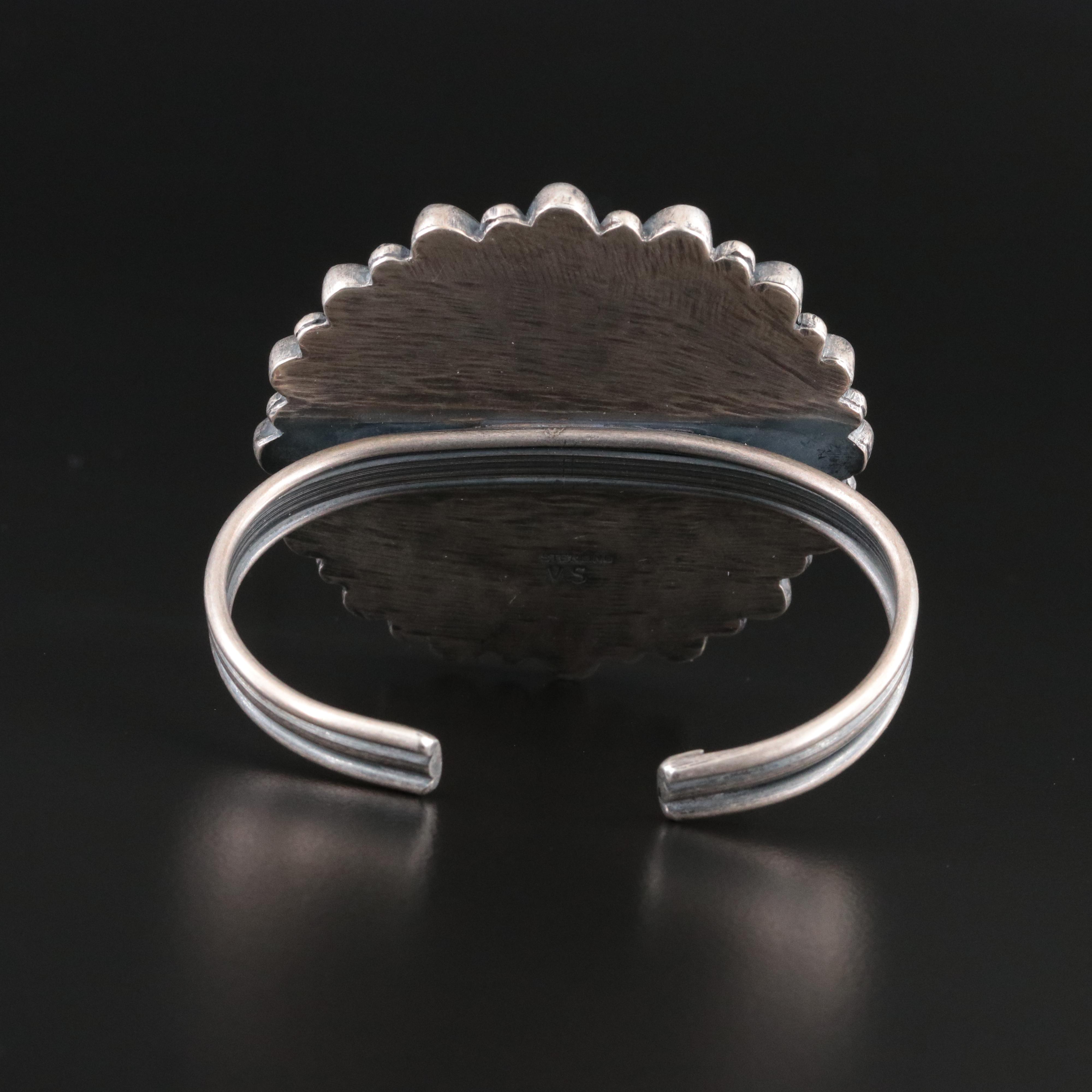 Western Signed Sterling Shell and Turquoise Cluster Cuff Bracelet