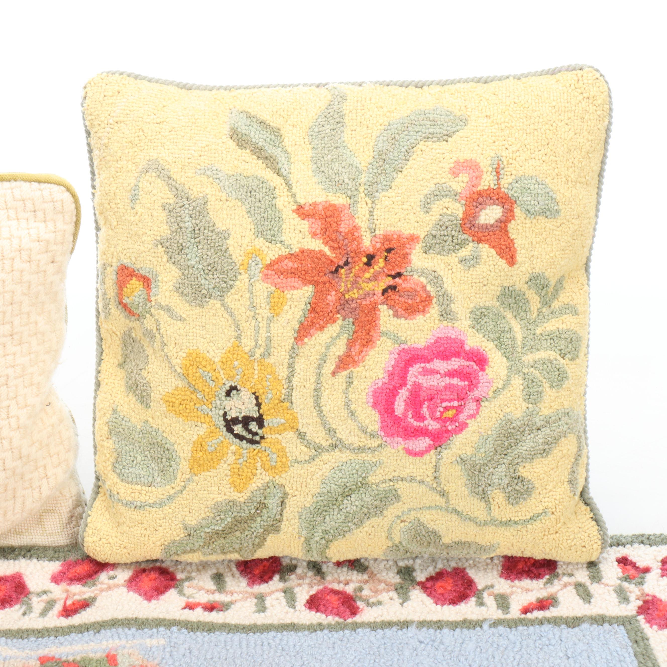 2' x 3'  French Style Hooked Rug with Hooked Wool and Needlepoint Throw Pillows