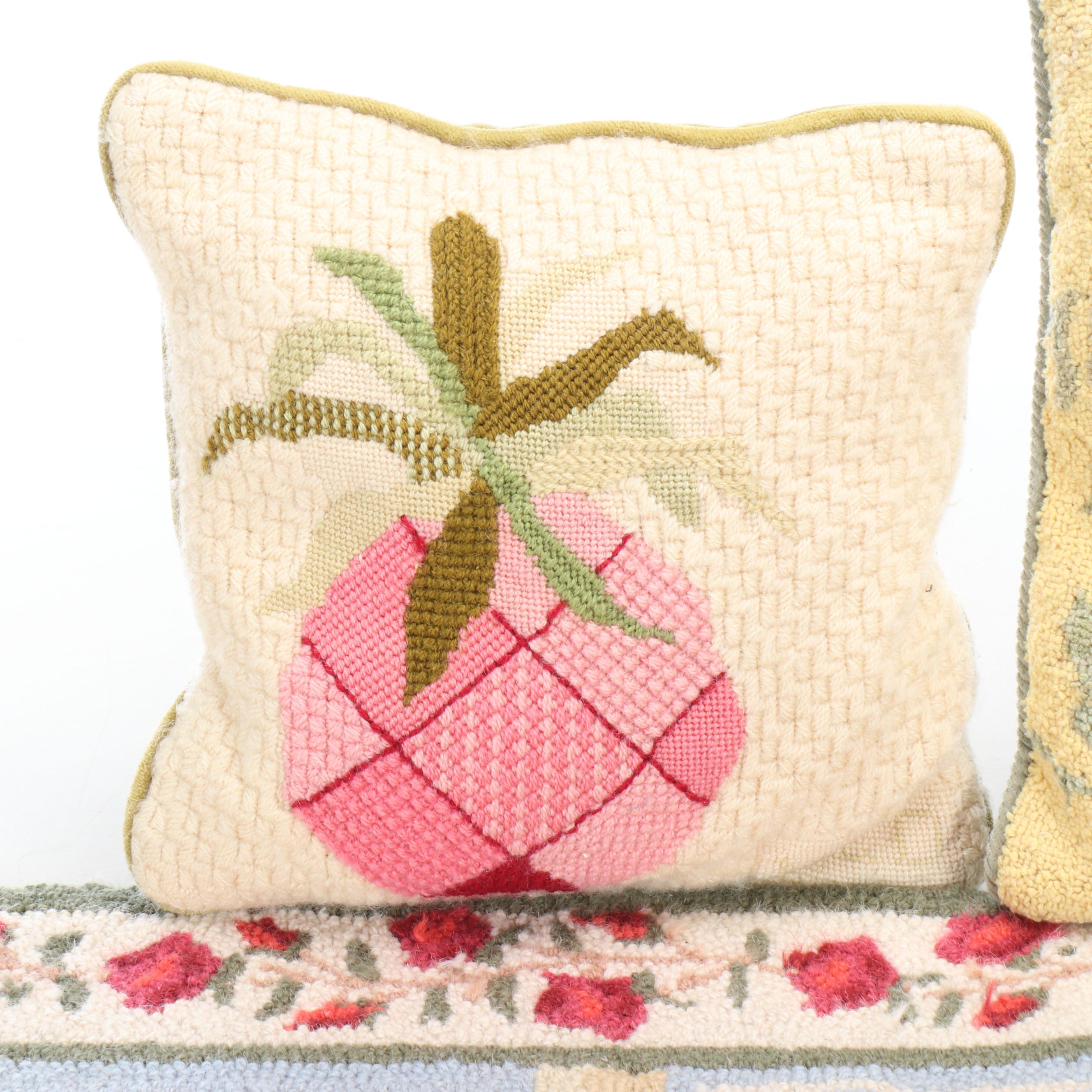 2' x 3'  French Style Hooked Rug with Hooked Wool and Needlepoint Throw Pillows