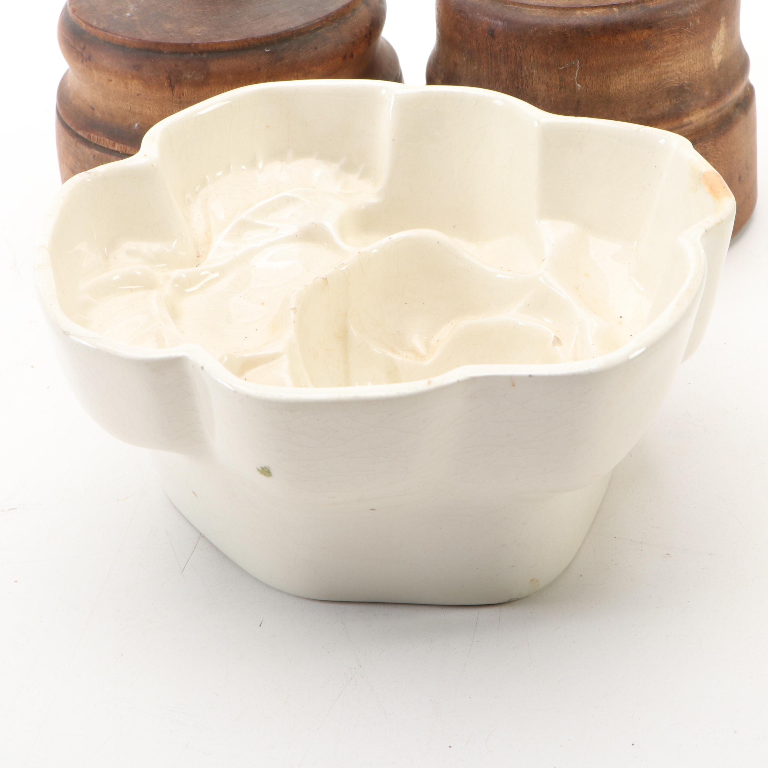 German Floral Ceramic Mold Bowl with Handcrafted Rustic Wood Butter Molds
